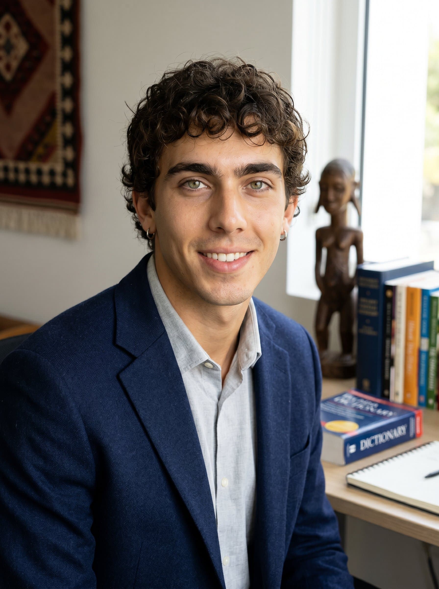 A translator in a smart blazer, with subtle hints of cultural artifacts in the background, captured in soft daylight for an approachable look.
