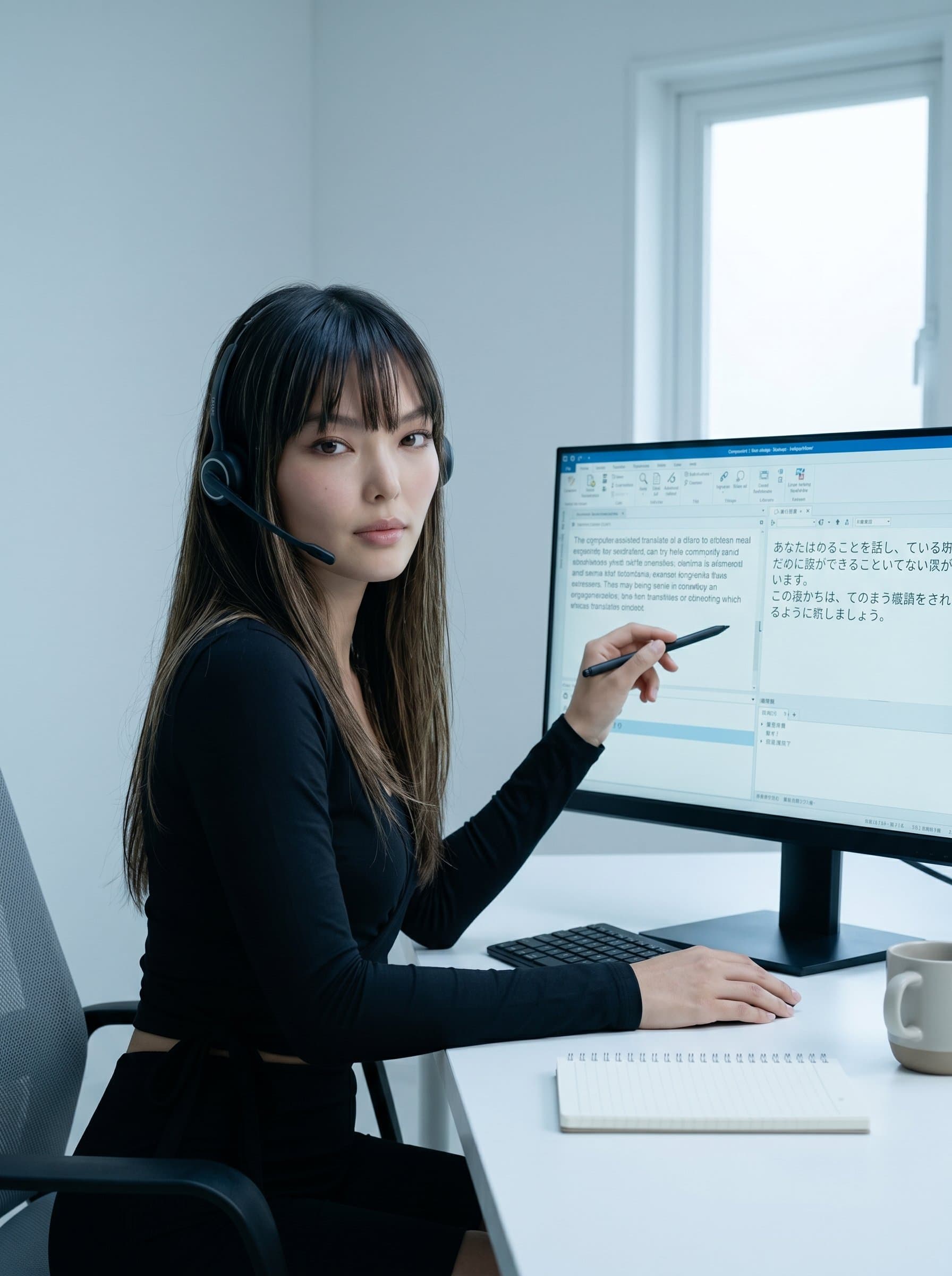 A headshot of a translator in a minimalist workspace, with a computer displaying translation software, bathed in cool, professional lighting.