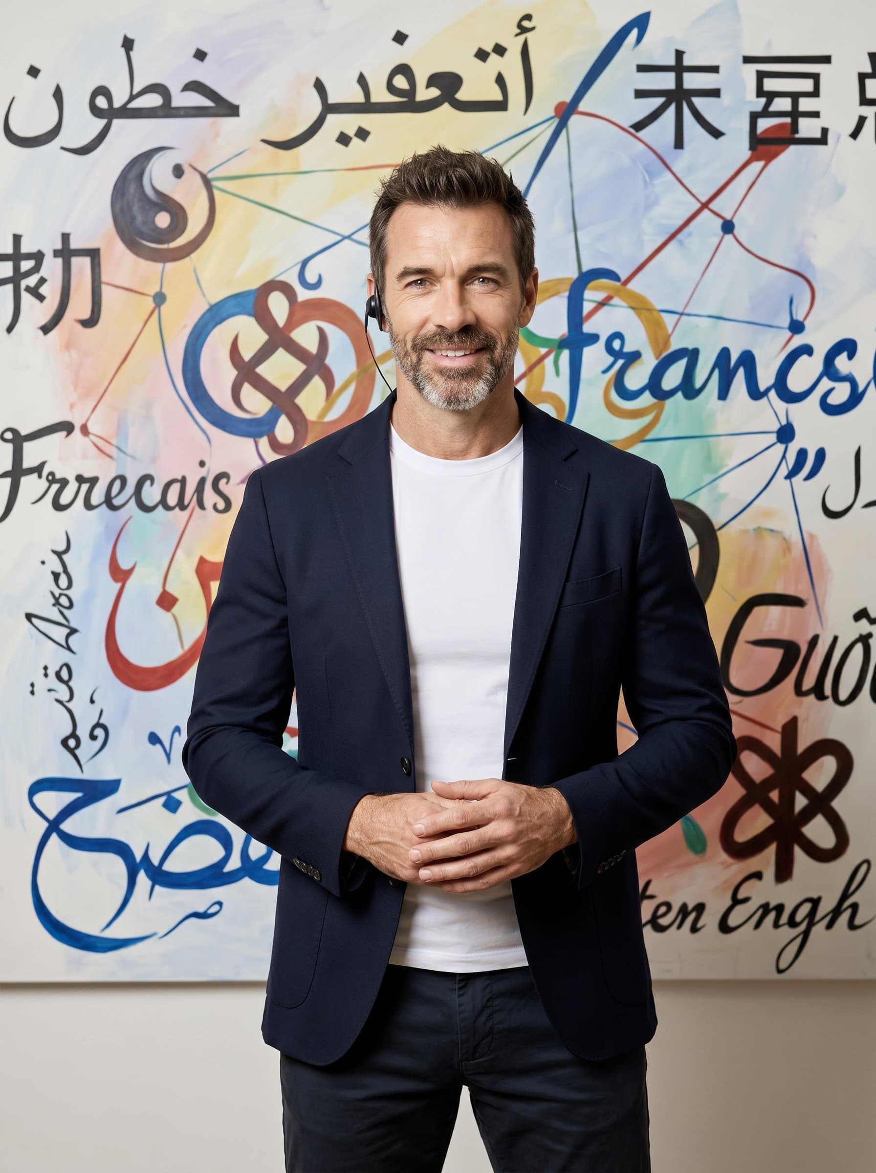 Under soft studio lighting, a translator wearing a casual yet sharp attire is framed against abstract art depicting language and culture.