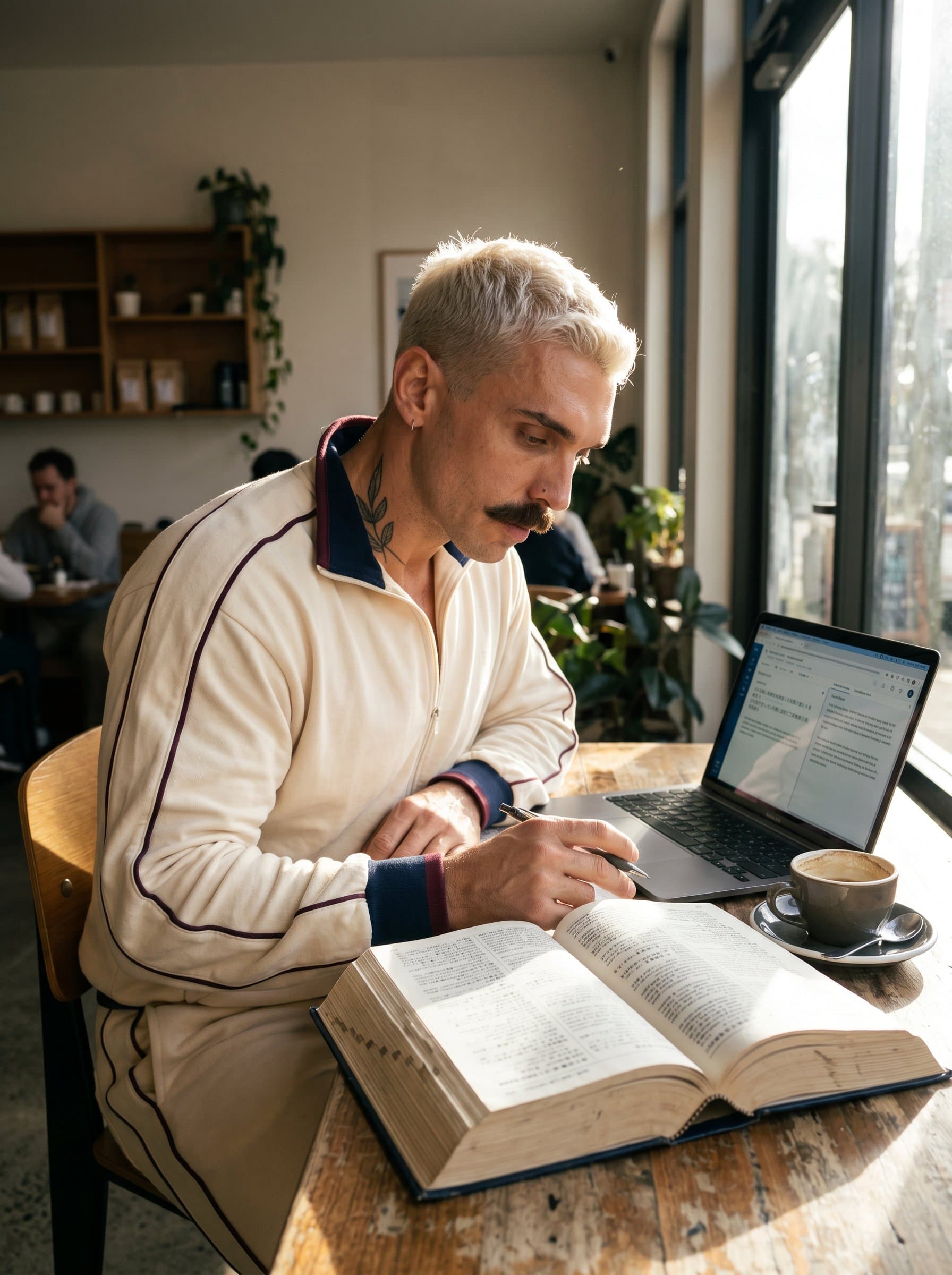 A image of a translator in a quiet cafe setting, with a laptop and open dictionary, illuminated by natural sunlight to enhance clarity.