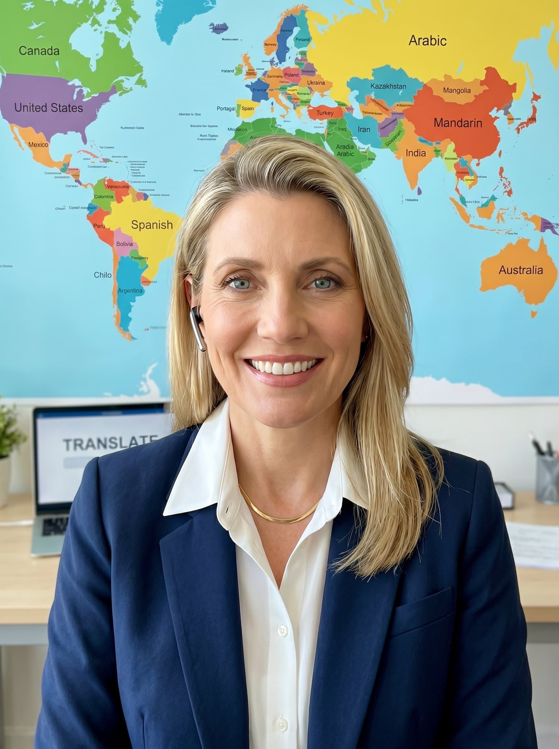 A headshot of a translator in front of a vibrant world map, dressed in a professional, modern outfit with a friendly expression.