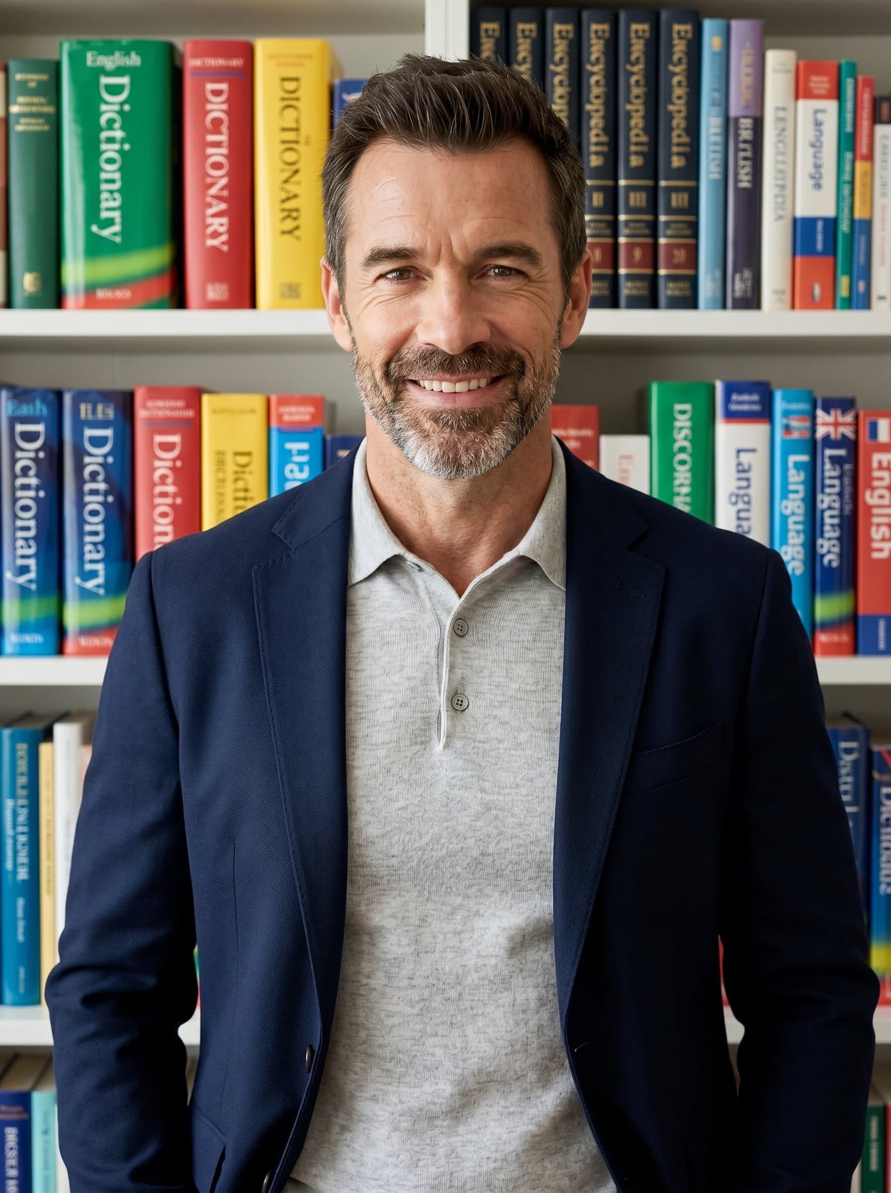 A headshot of a translator against softly blurred, colorful dictionaries, dressed in a relaxed, professional outfit, exuding clarity and warmth.