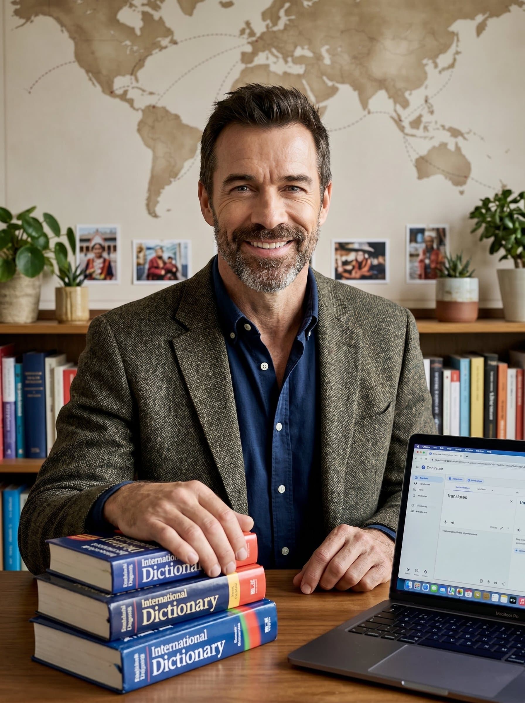 In a cozy office, a translator with a warm smile is portrayed against a subtle world map, enhancing a sense of global expertise.