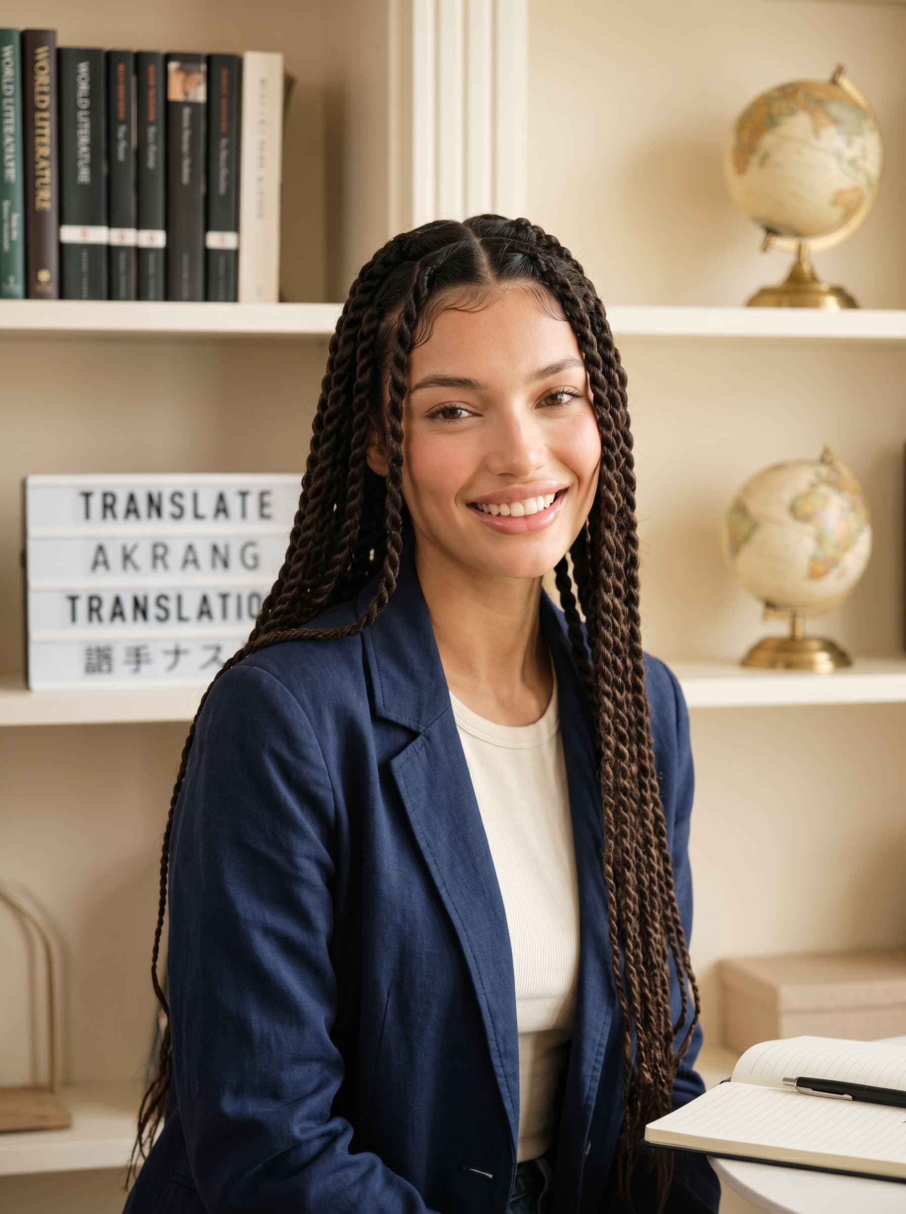 A translator in a casual blazer is positioned before a softly lit, elegant workspace with language-themed decor, highlighting an approachable demeanor.