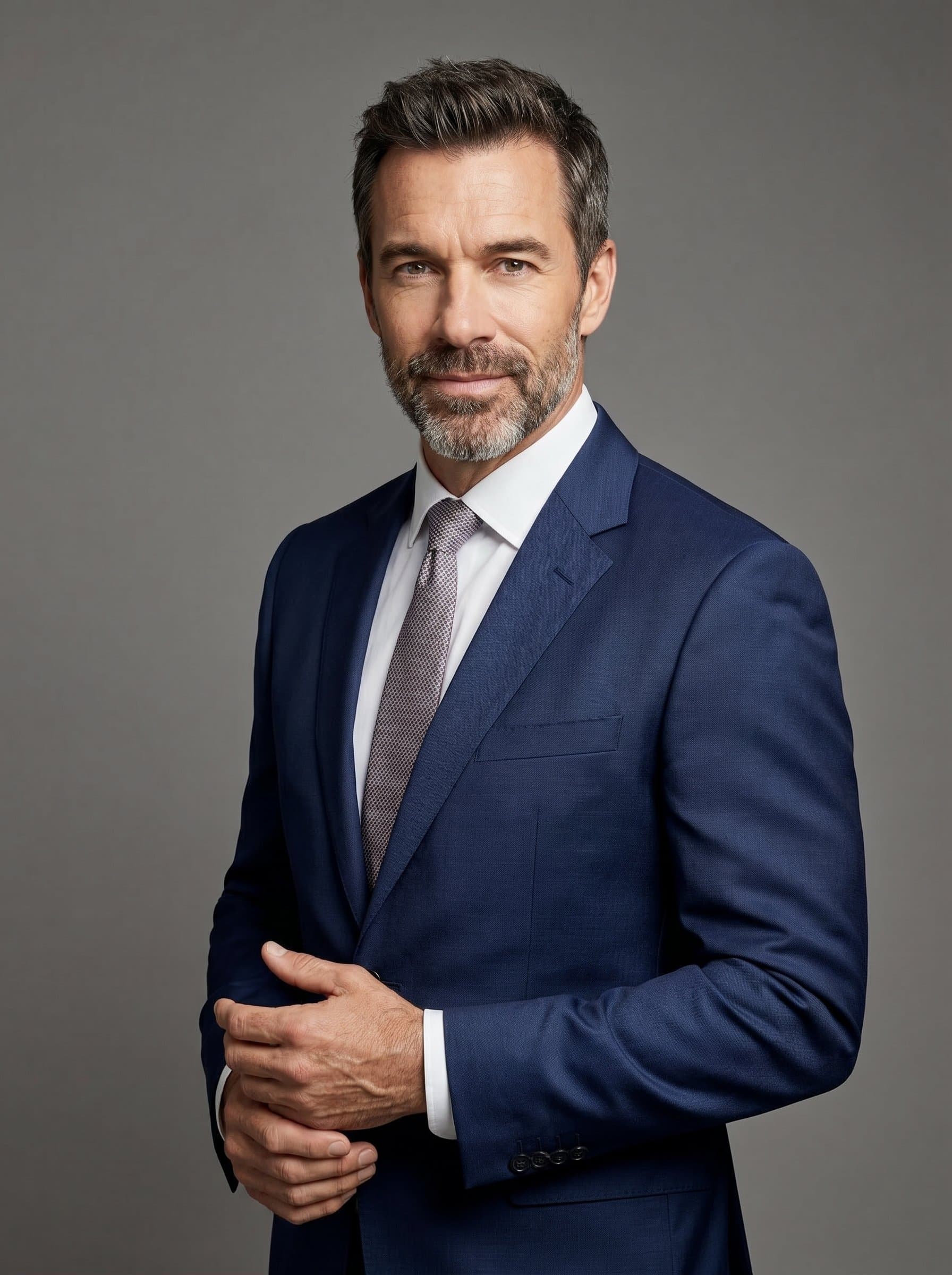 A poised translator in a tailored suit poses against a neutral background, with gentle side lighting to emphasize professionalism and approachability.