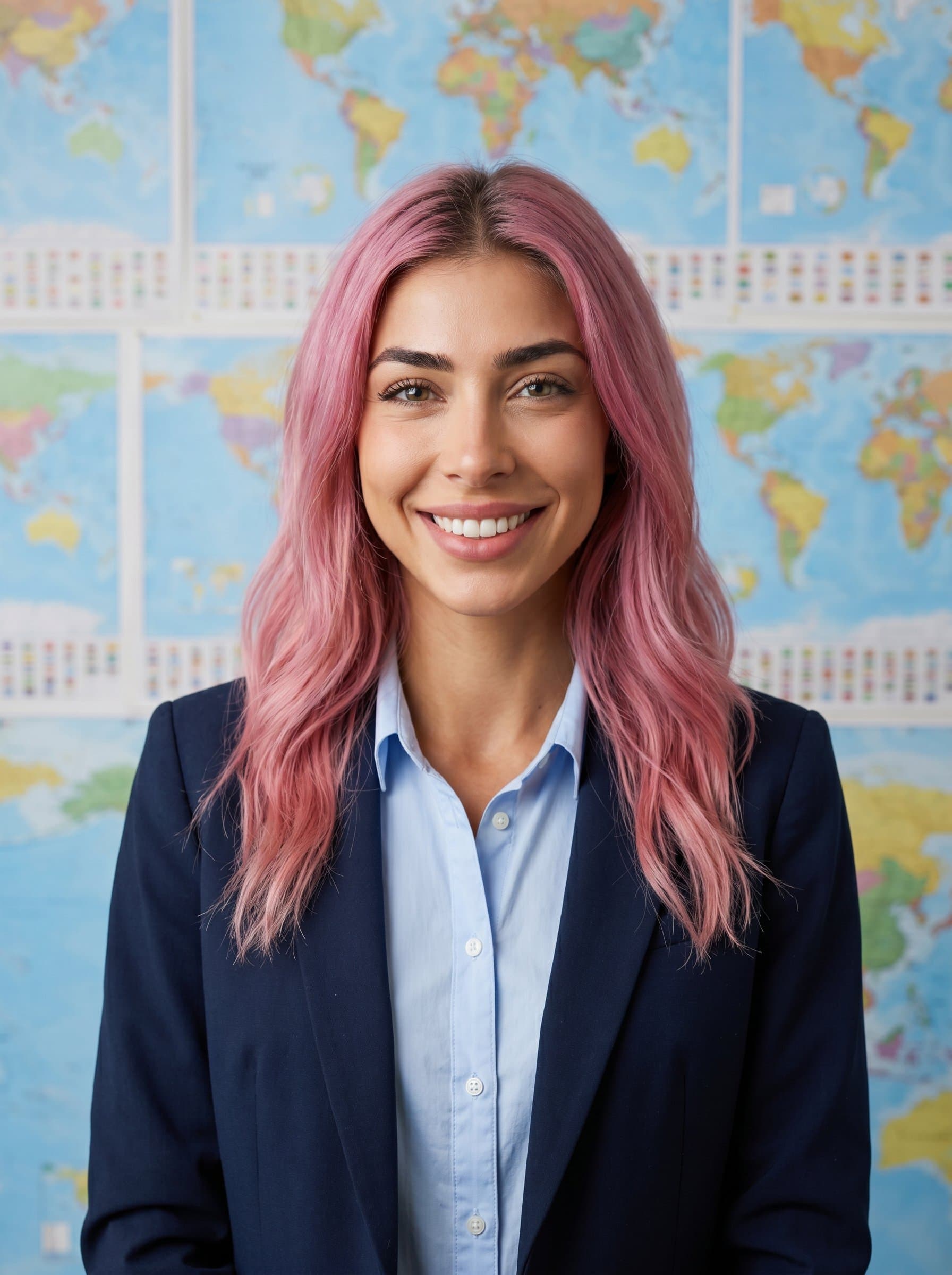 A headshot of a translator smiling warmly, set against a map-covered wall, with soft, even lighting emphasizing professionalism.