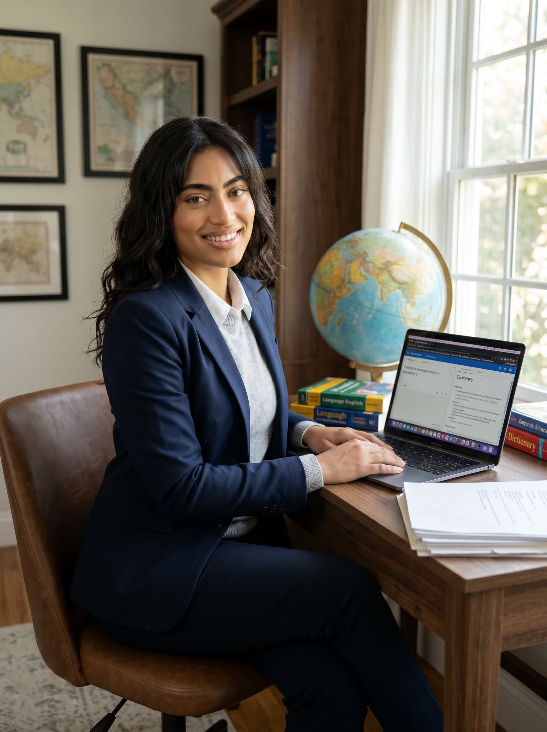 A translator, wearing a smart casual ensemble, sits in a well-lit room with a globe in view, representing a passion for languages.