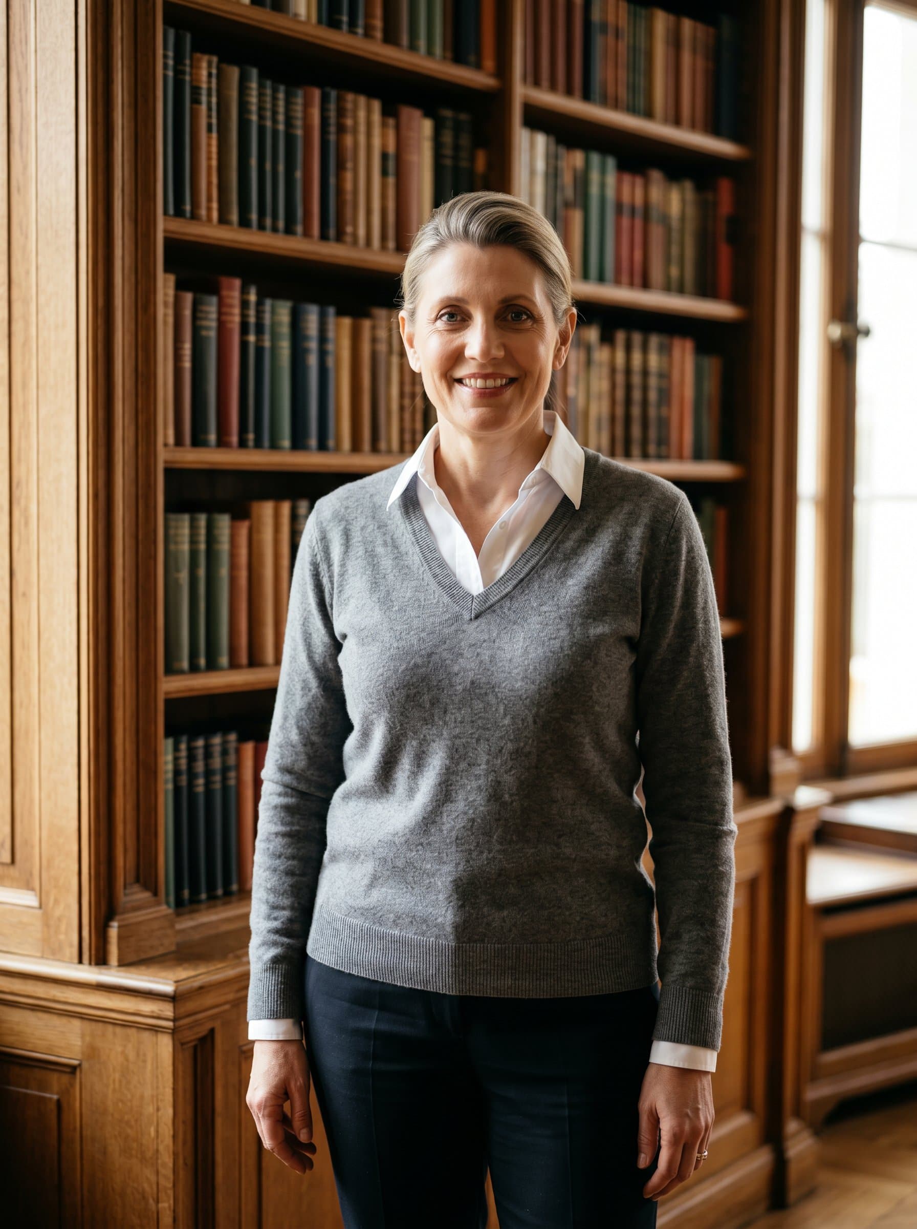 A translator sporting a sweater and collared shirt stands before an elegant bookshelf, creating a welcoming and knowledgeable ambiance.