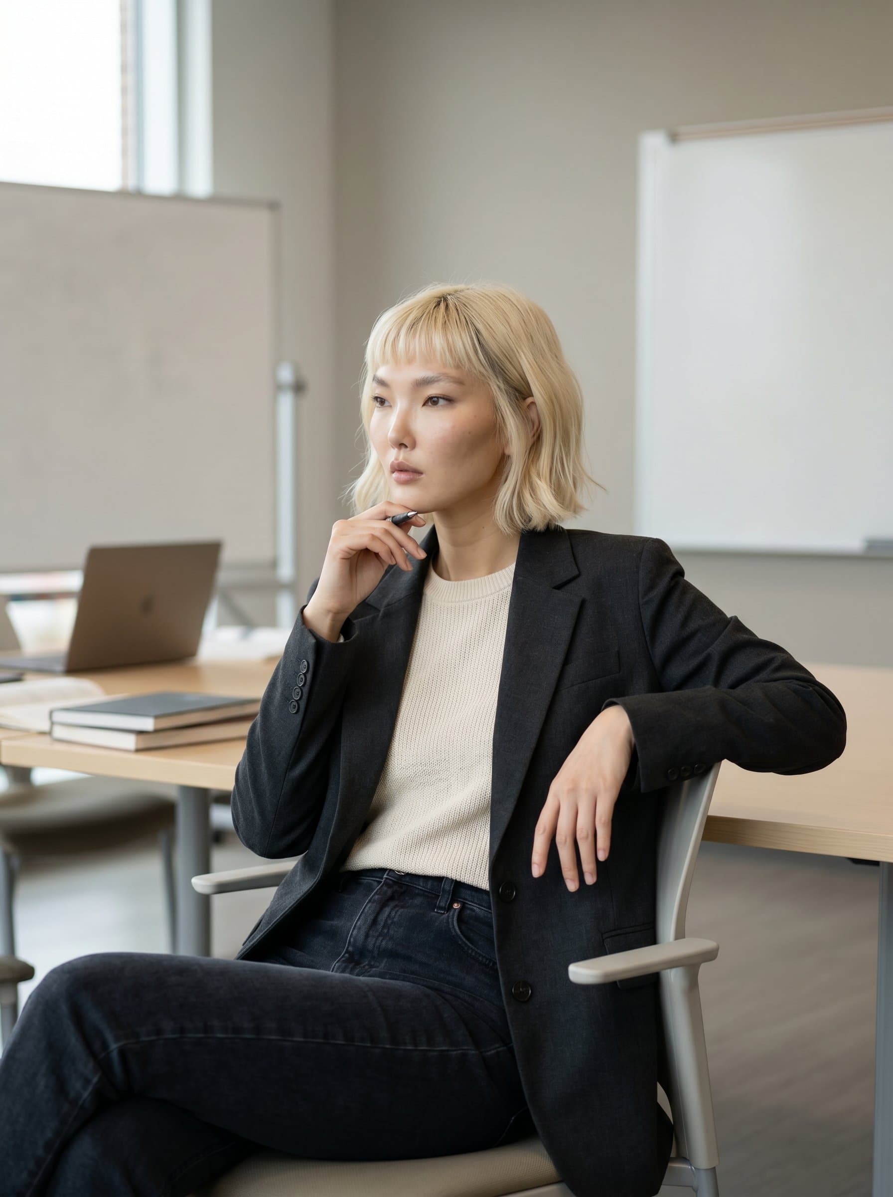 Photograph a tutor with a relaxed posture and a thoughtful gaze, wearing smart casual attire. The neutral backdrop emphasizes their calm, professional presence and readiness to inspire.