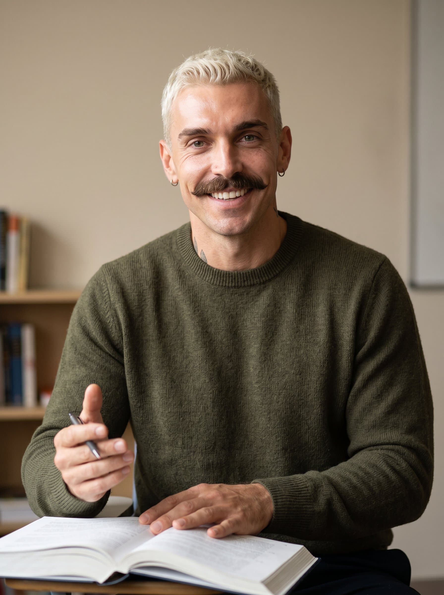 Show a tutor with an approachable, confident demeanor, wearing a stylish, understated sweater. The soft-focus background is a neutral beige, highlighting their genuine passion for teaching.