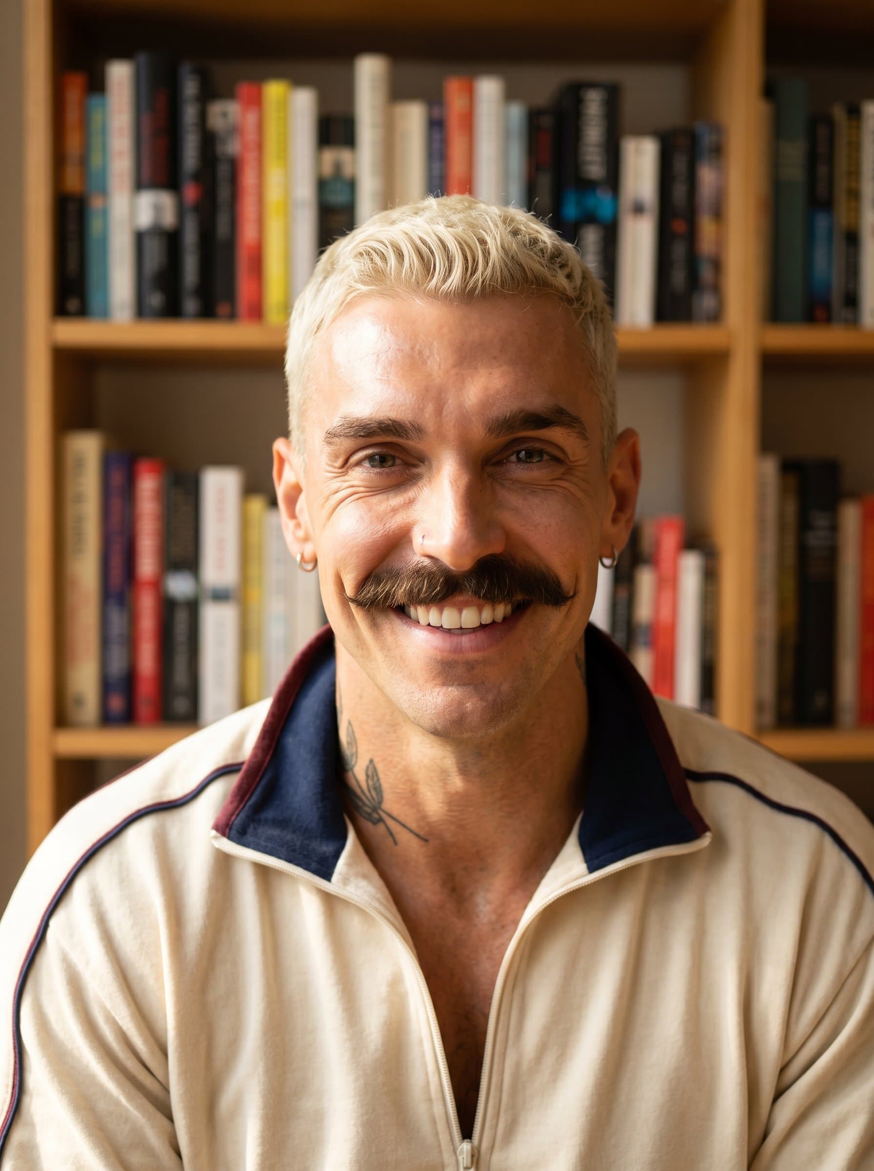 A headshot of a tutor with expressive eyes and a confident smile, framed by a simple bookshelf backdrop. The lighting is warm, enhancing their enthusiasm and dedication to teaching.