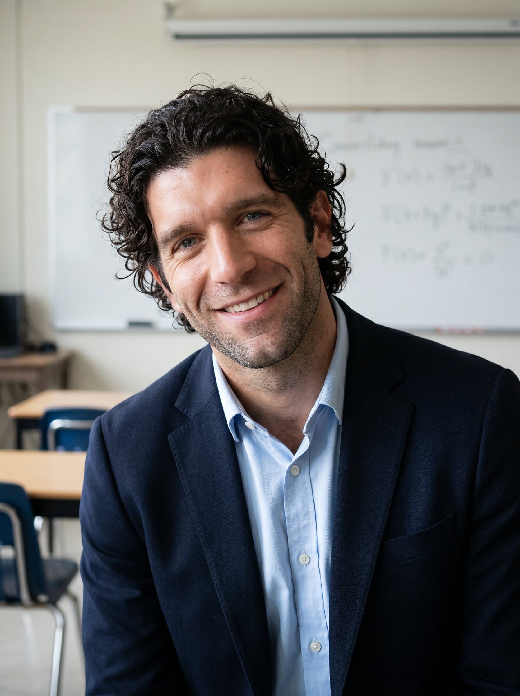 Create a image of a tutor beaming with a reassuring smile, head slightly tilted. Their attire is formal yet friendly, with a blurred classroom setting in the background.