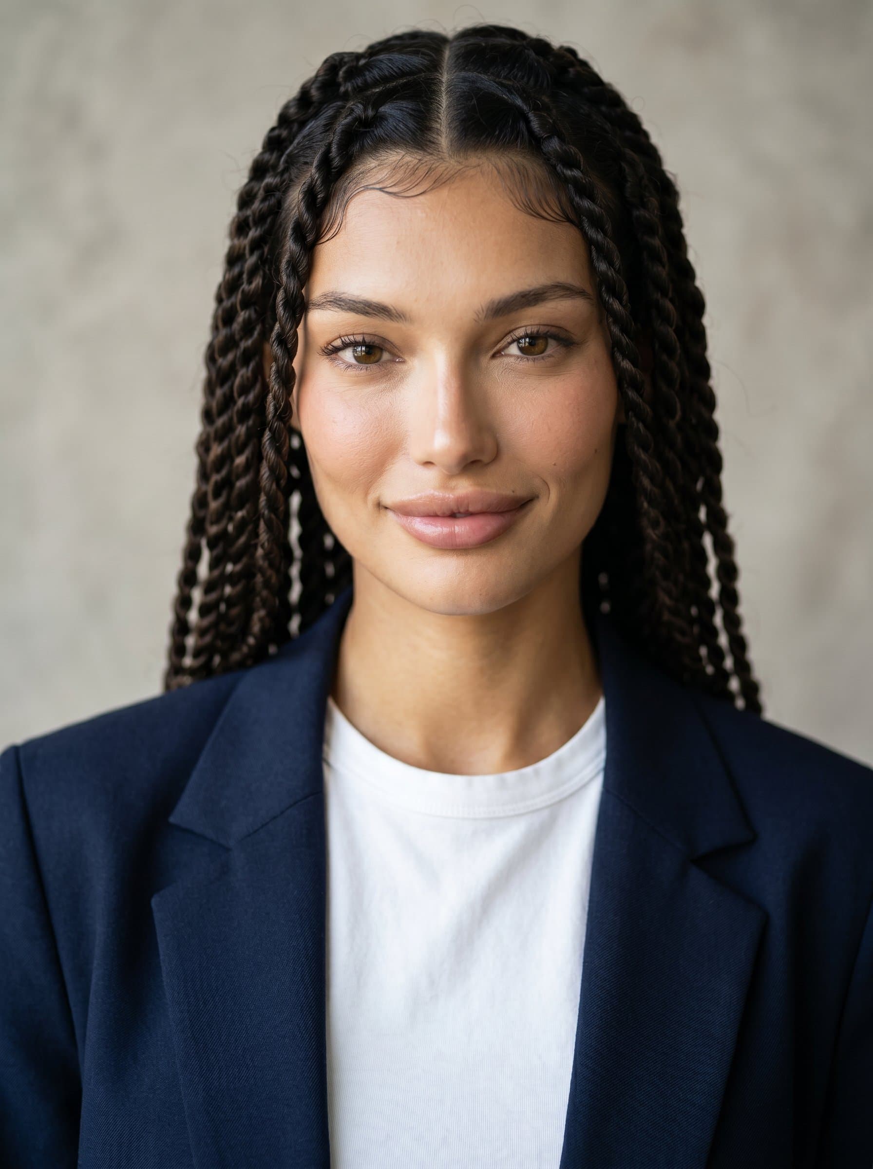 A headshot featuring a tutor with lively, engaging eyes and a subtle grin. Their attire is professional yet relaxed, set against a lightly-textured grey backdrop to emphasize focus.