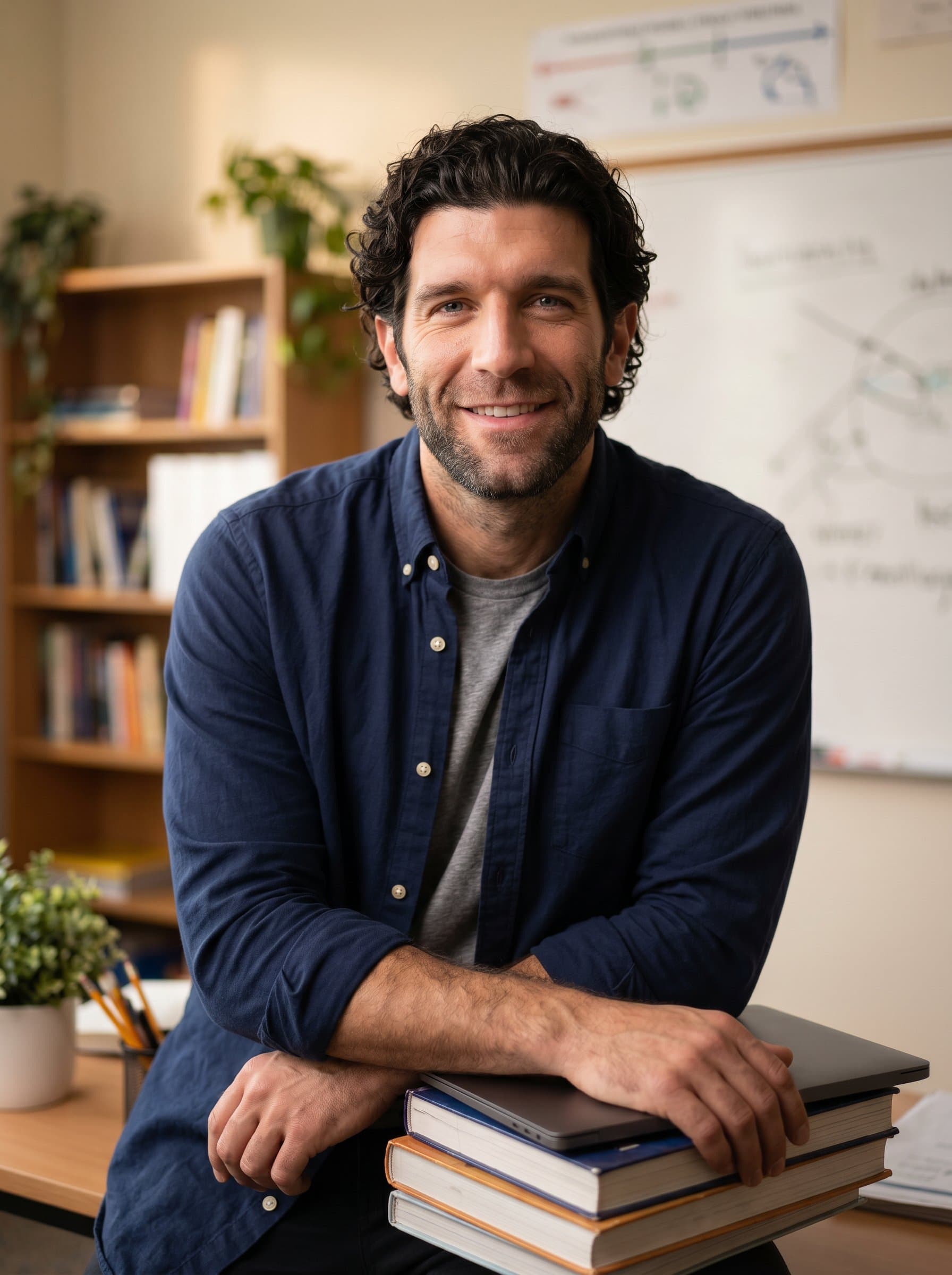 Capture a tutor looking directly at the camera with a welcoming gaze. They're dressed in a casual button-up, the background softly blurred to emphasize their friendly, reliable nature.