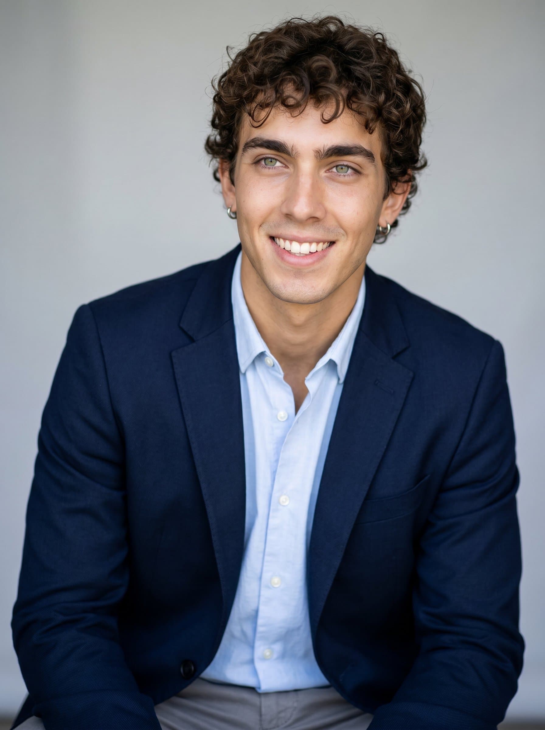 Showcase a tutor with a confident, approachable smile, their head slightly turned. The attire is business casual, with soft lighting over a light grey backdrop for a professional touch.