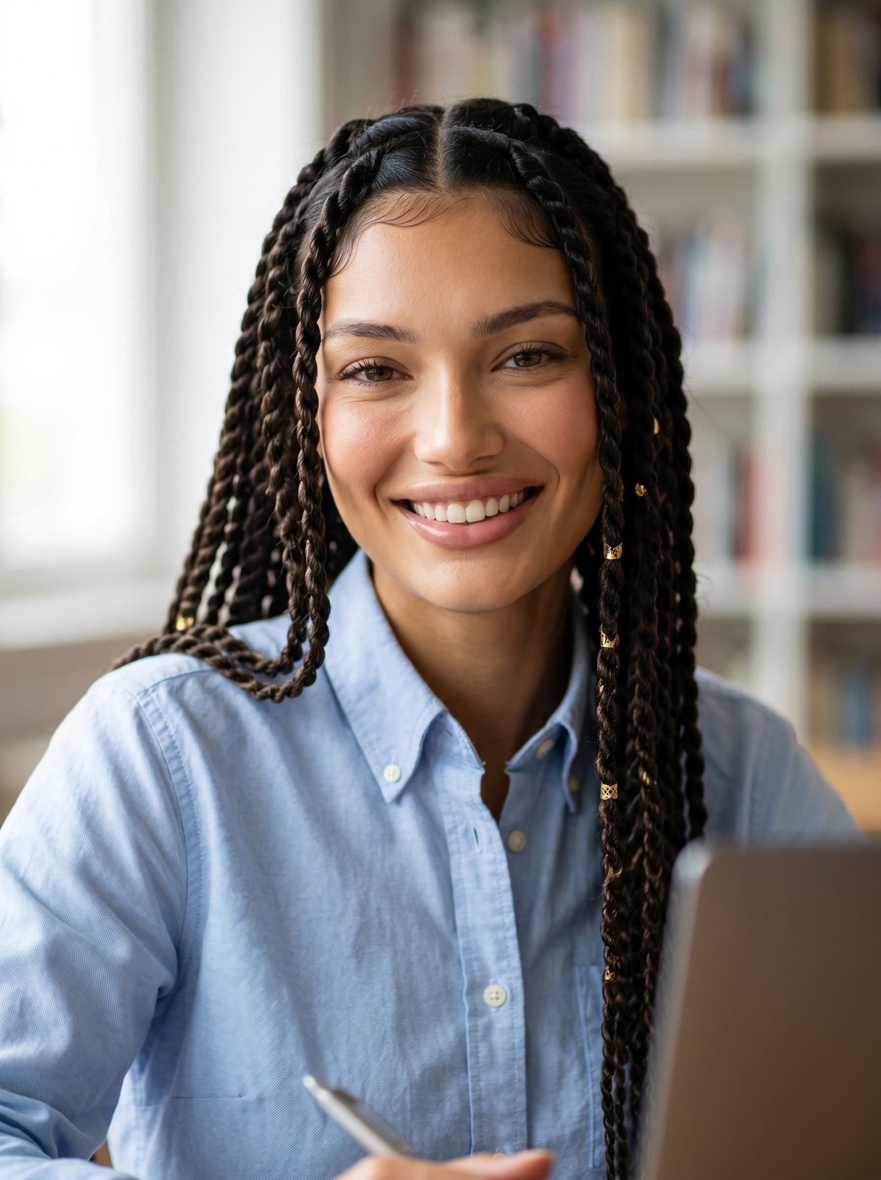 Capture a tutor with expressive, encouraging eyes and a friendly smile, framed by an abstract, blurred backdrop. They're dressed in a neatly ironed shirt, projecting trust and expertise.