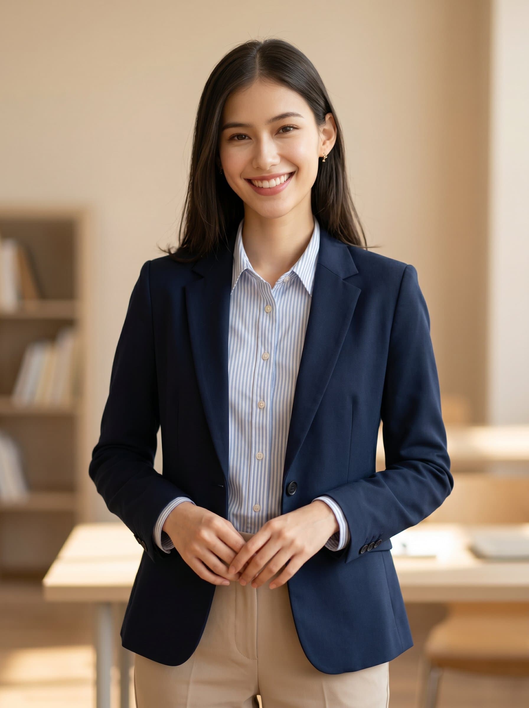 Photograph a tutor with an uplifting smile and a confident posture. They're dressed in a professional, but friendly manner, with a neutral, softly blurred backdrop.