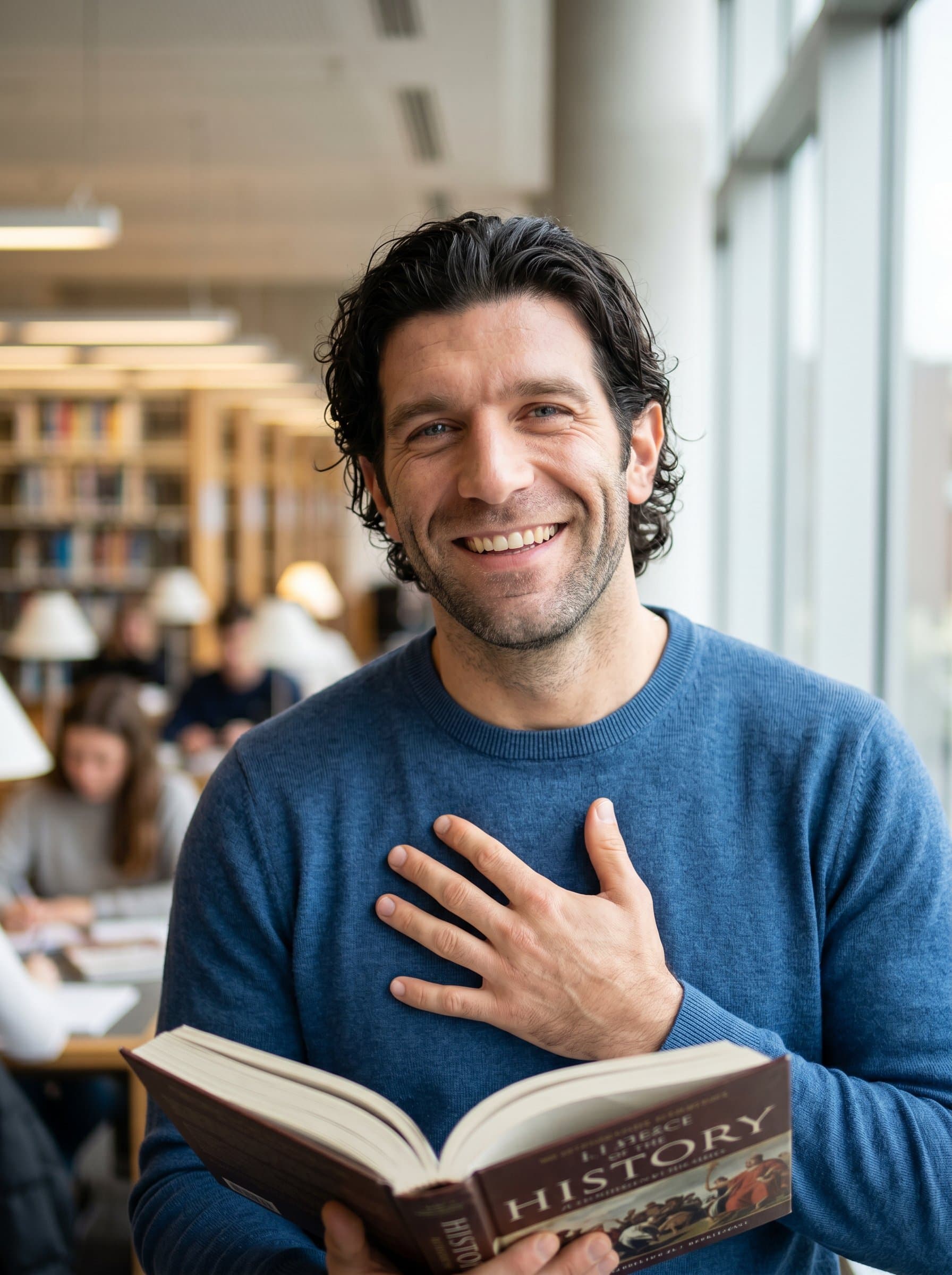 A image of a tutor with a warm, inviting grin, their personality shining through. The background is a softly blurred library, emphasizing their passion for knowledge.