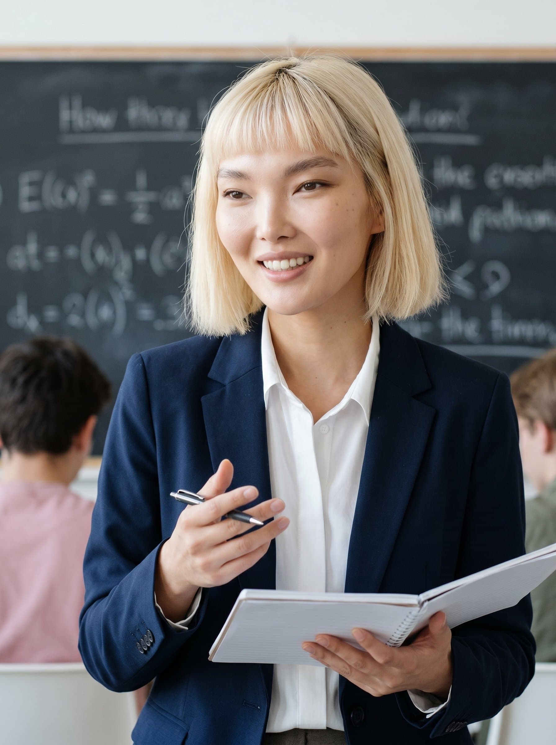 Capture a tutor with a sincere, engaging expression. Their attire is polished but informal, the setting a subtle blurred chalkboard, adding a touch of academia to the scene.