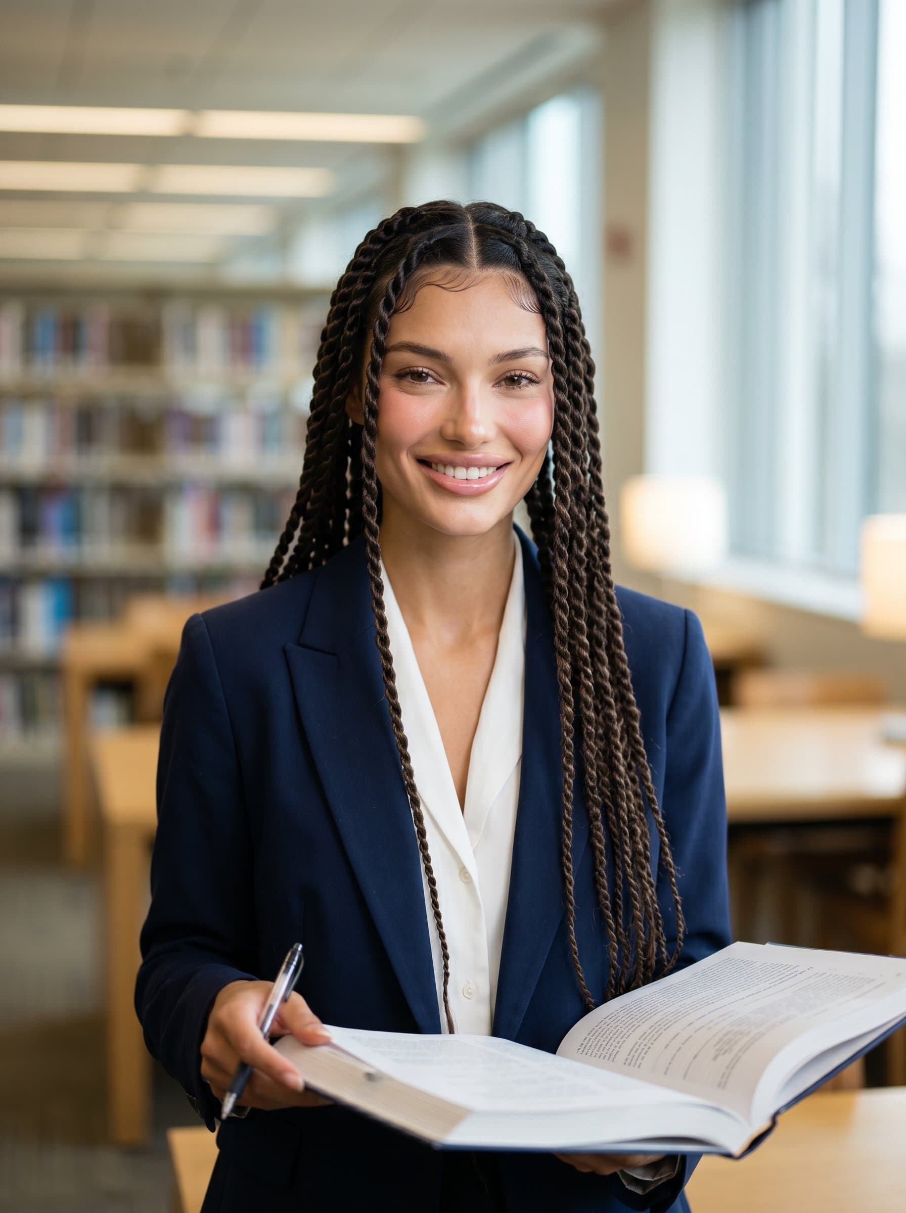 Capture a tutor with a calm, insightful gaze, their expression full of enthusiasm and trust. The background is a soft, unfocused library, hinting at their academic dedication.