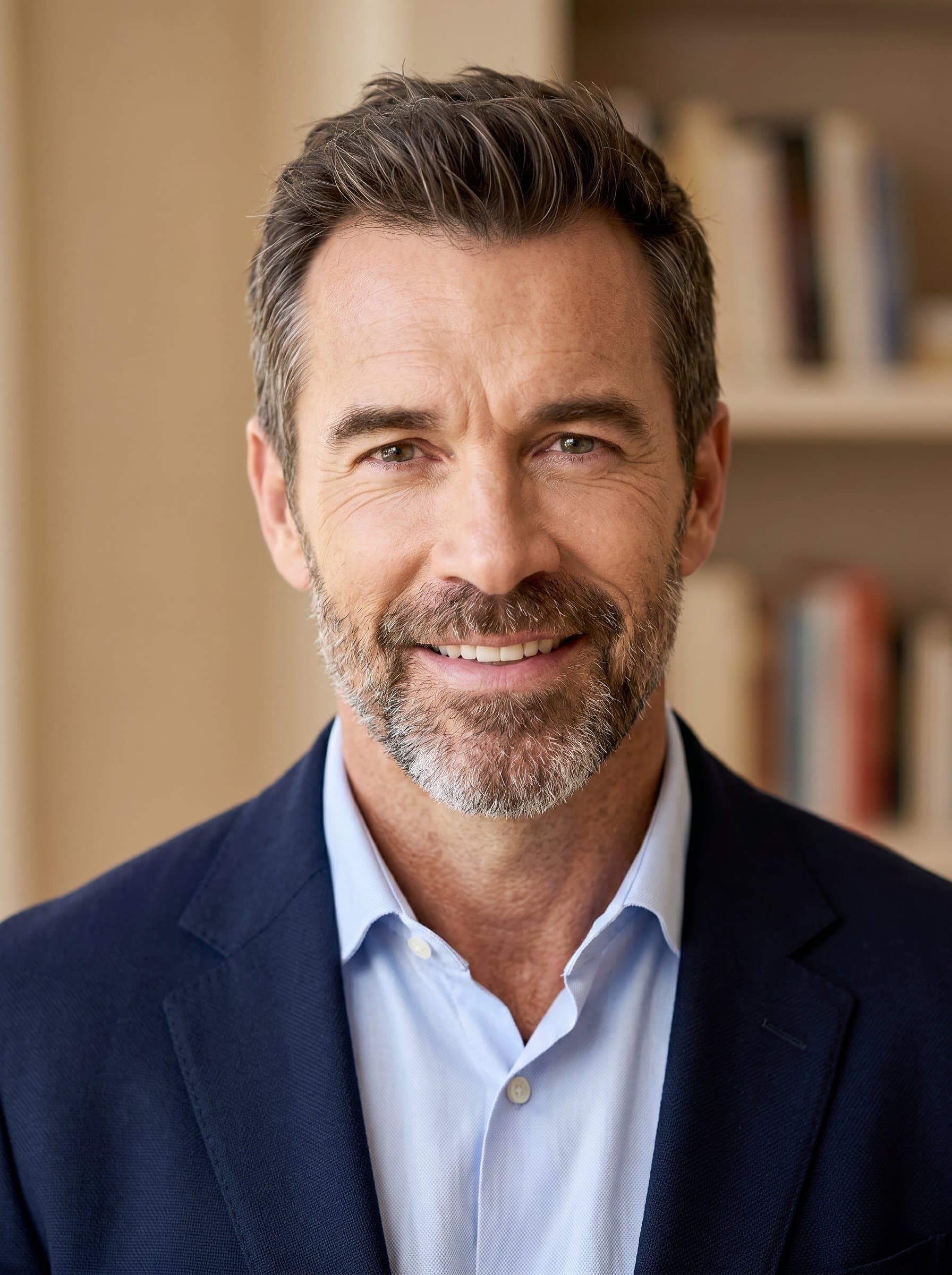 A headshot featuring a tutor with a confident yet gentle smile, eyes full of curiosity. They're dressed in a smart casual jacket, set against a softly lit, neutral background.