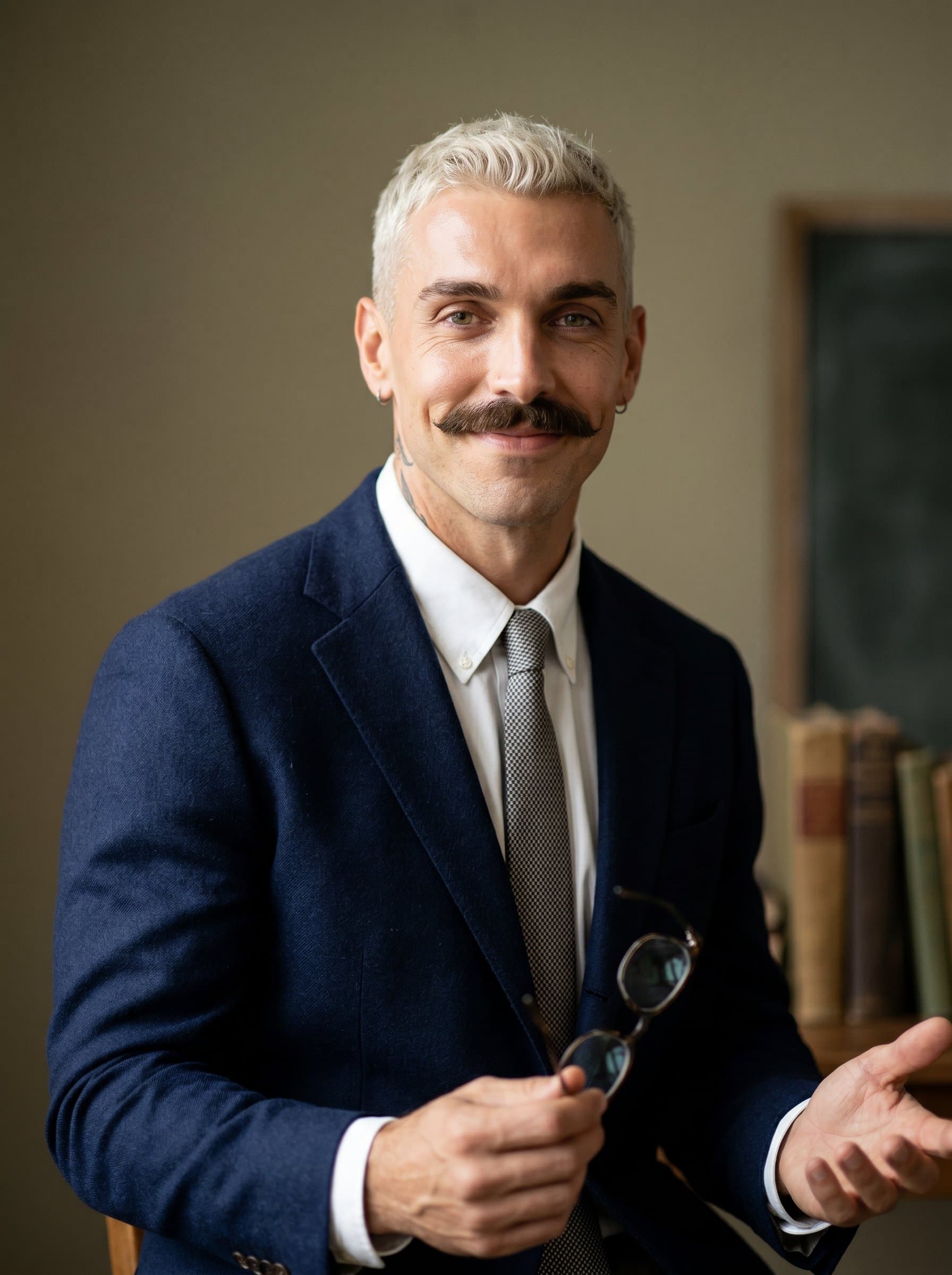 A image of a tutor exuding warmth and intelligence, wearing a neatly tailored blazer. The background is a soft, monochromatic tone, highlighting their readiness to inspire students.