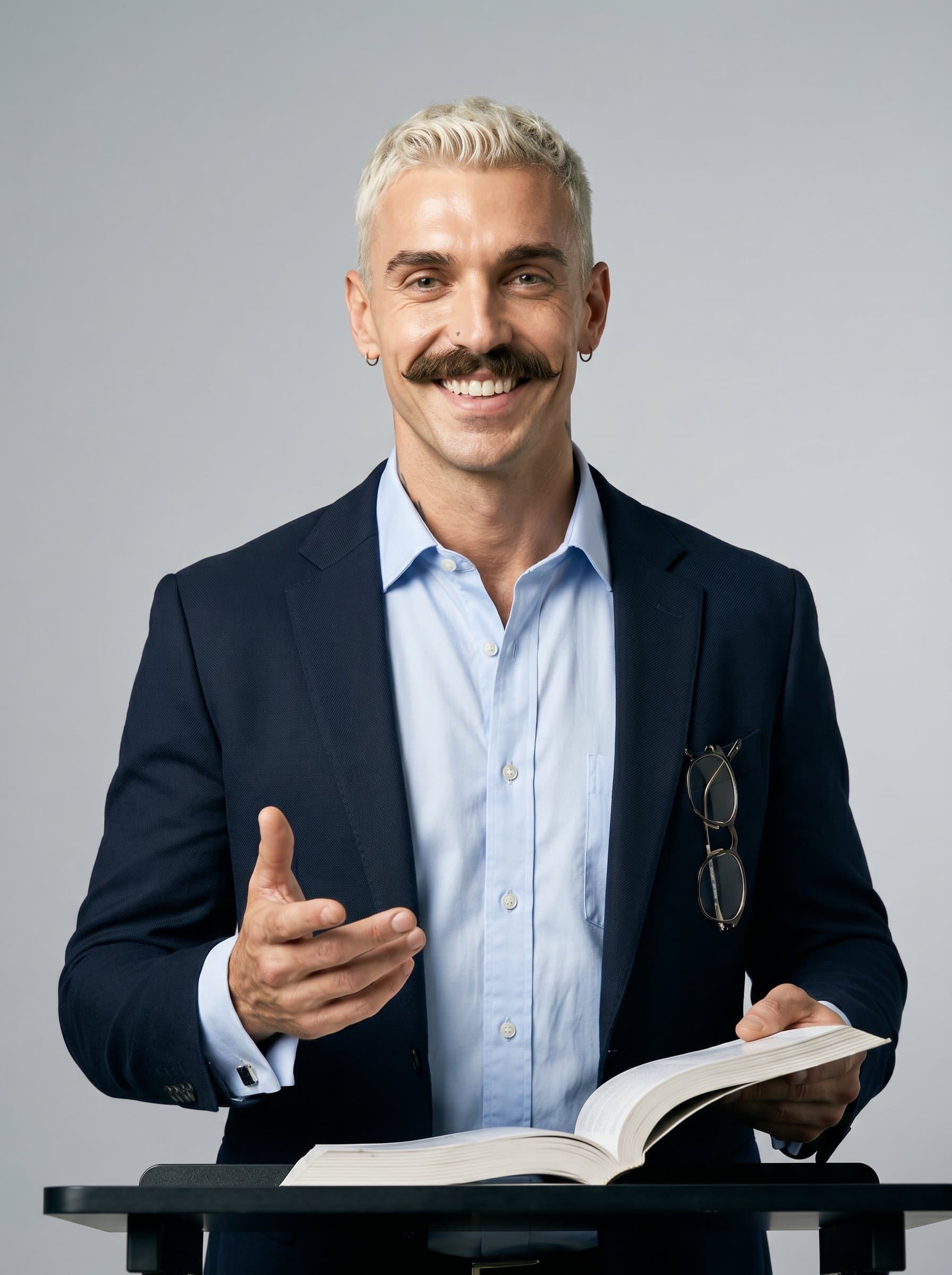 Show a tutor, eyes twinkling with passion for teaching, dressed in a crisp, formal shirt. The background is a dull, monochrome, ensuring full attention on their inspiring demeanor.