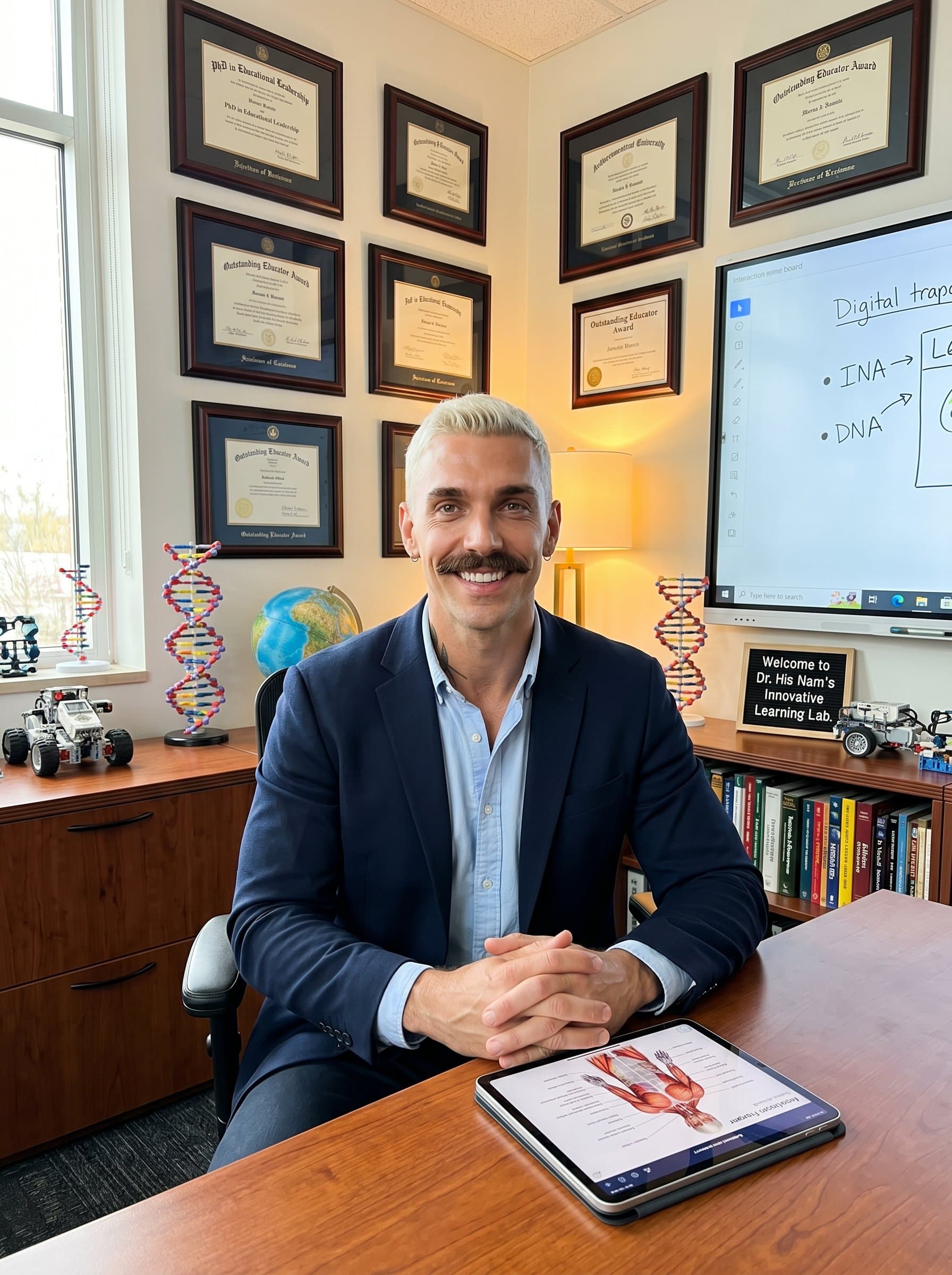Portray a in a professional office adorned with educational accolades and innovative teaching tools. The man's composure should exude trust and leadership, highlighting an engaging educational environment.