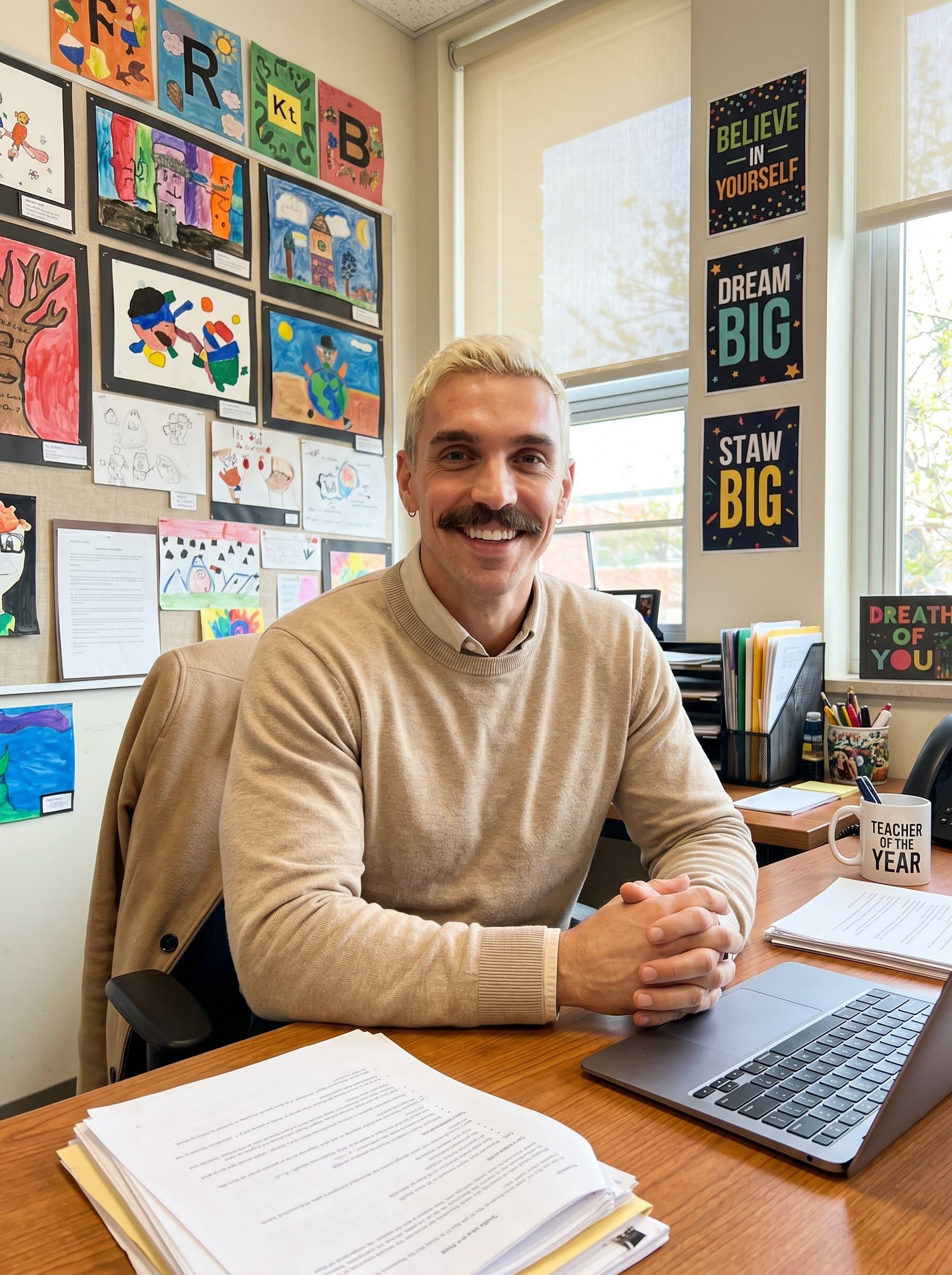 Depict a seated at a desk, with student artwork and motivational posters in the background. The expression should be warm and inspiring, symbolizing a nurturing and supportive leadership style.