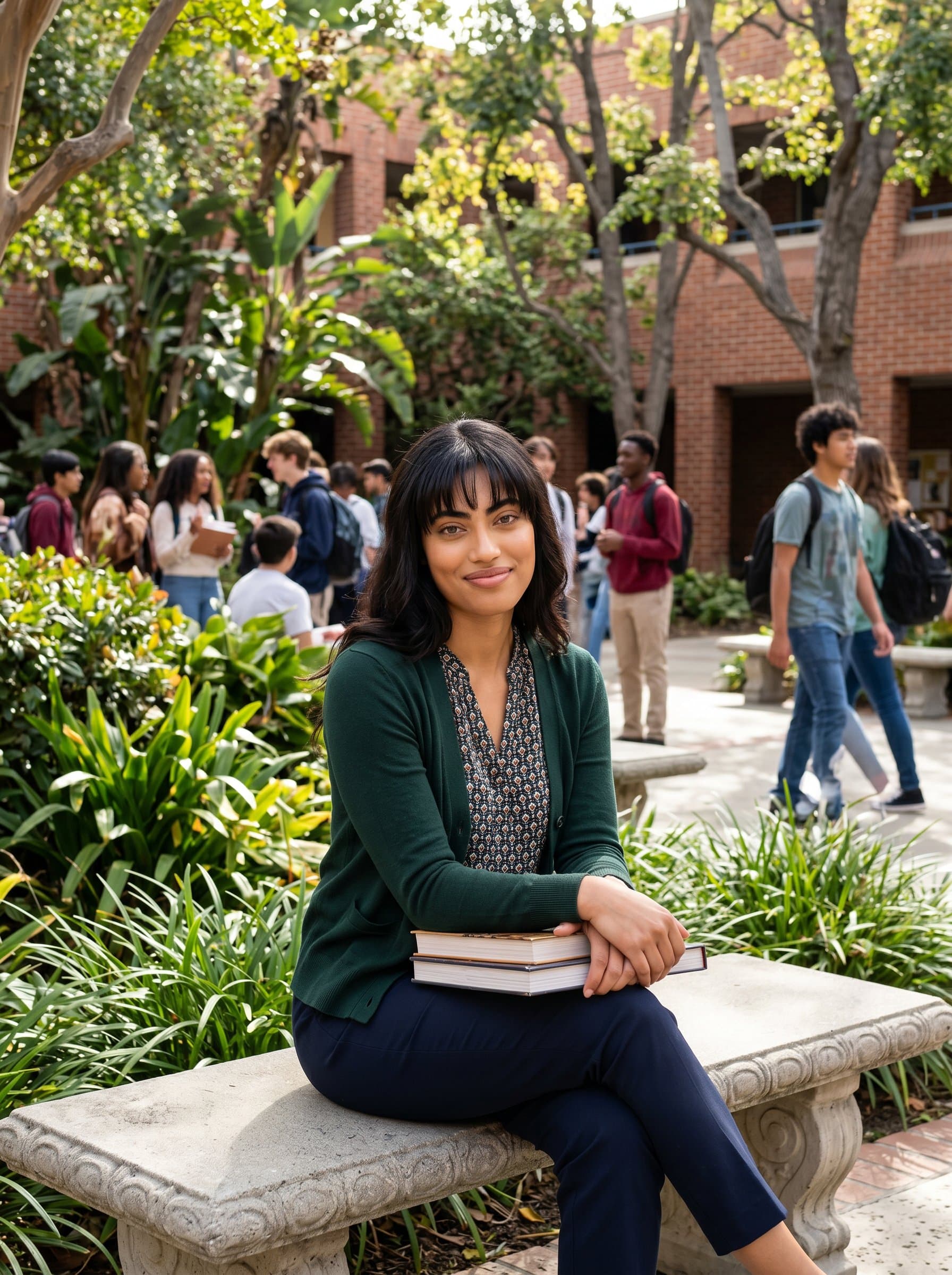 Showcase a in a school courtyard, with greenery and students in the background, symbolizing an open and welcoming learning environment. The pose should suggest approachability and wisdom.