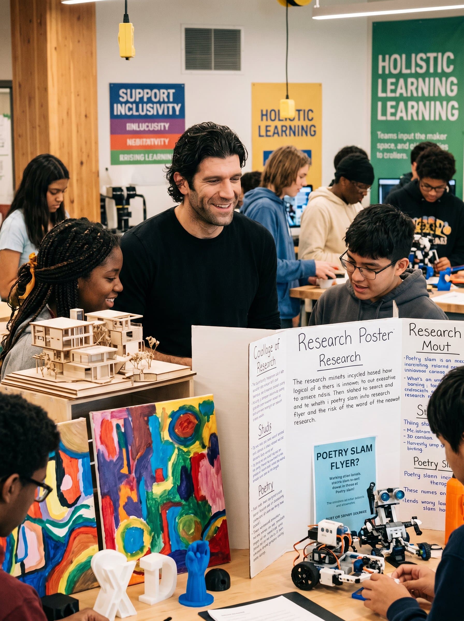 Create a surrounded by diverse student work, exemplifying inclusivity and creativity. The ambiance should highlight a commitment to a holistic and dynamic educational experience.