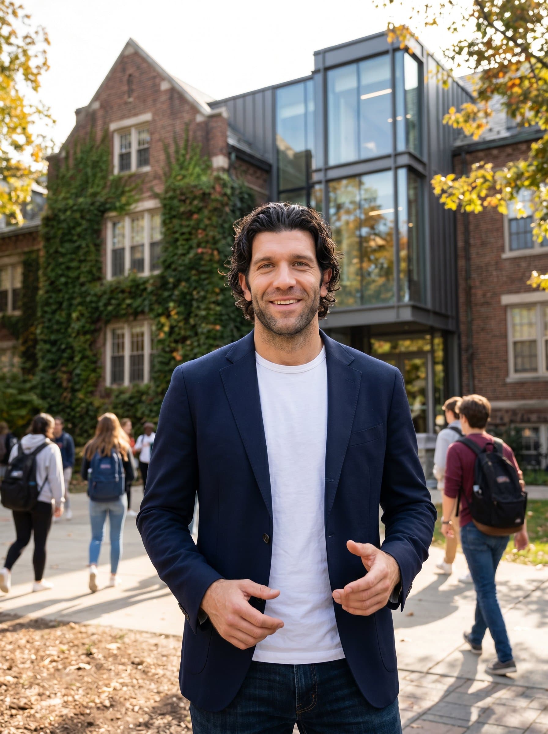 Depict a outdoors, with a historic school building in the background, merging tradition with contemporary style. Their expression should exude confidence and encouragement.