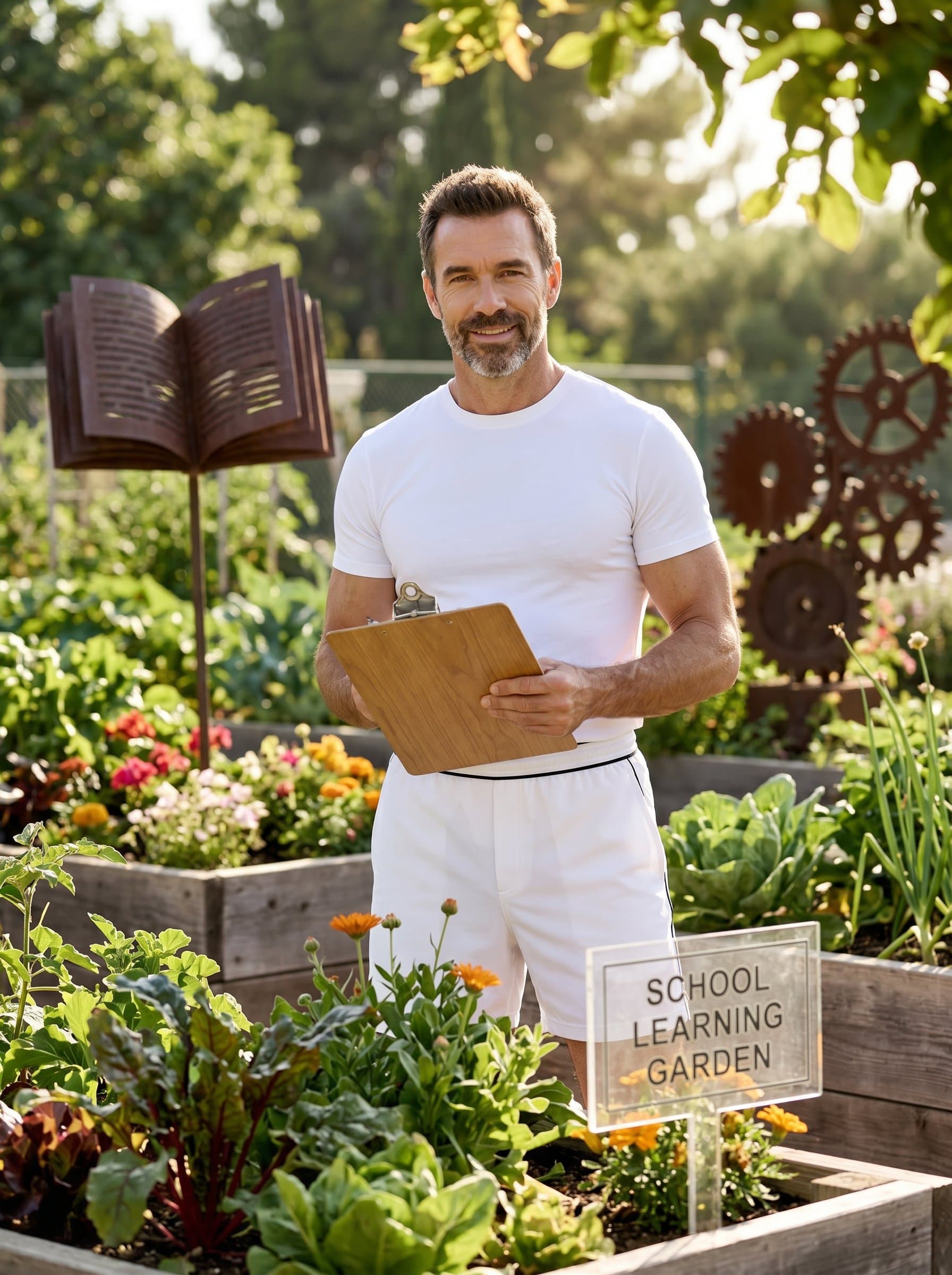 Frame a in a serene school garden, with plants and learning-inspired sculptures, creating a sense of tranquility and environmental awareness. The expression should denote wisdom and care.