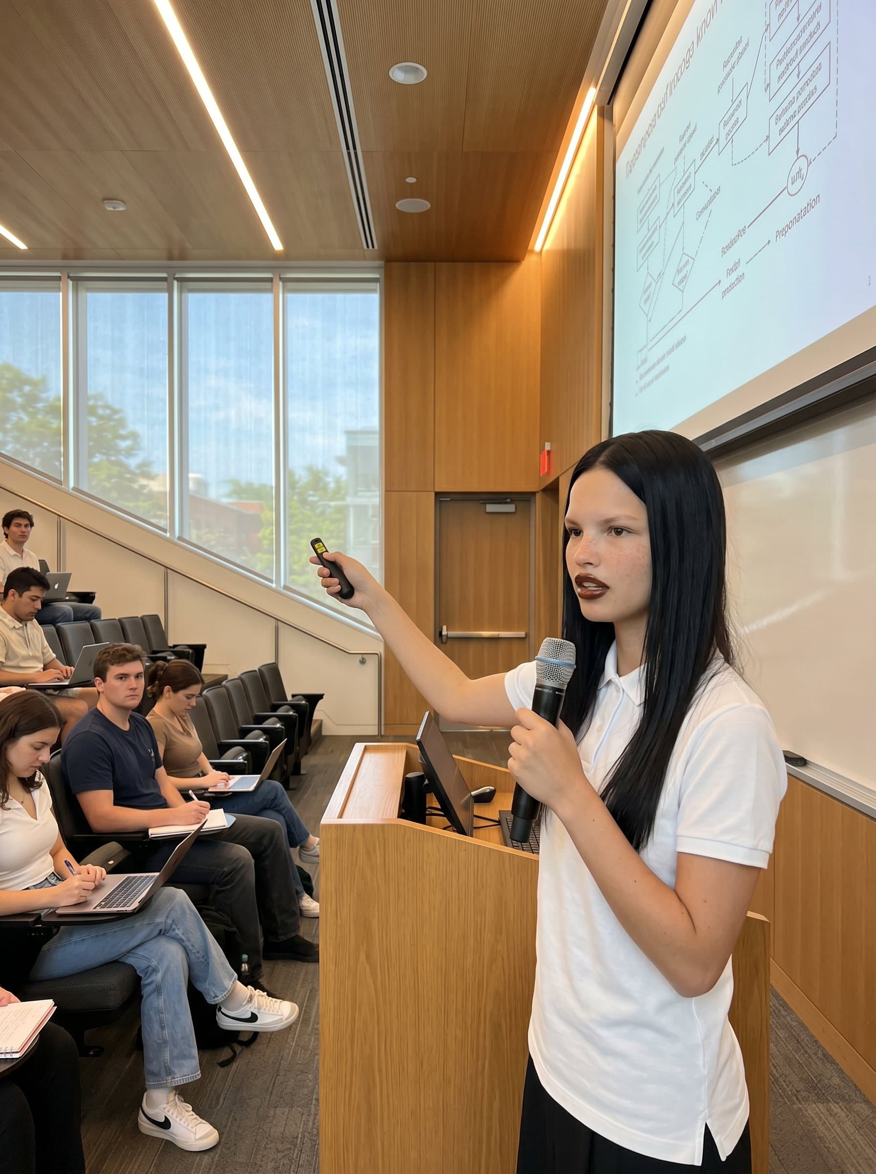 Capture a in a modern lecture hall, highlighting a blend of classic educational values with contemporary approaches. The environment should convey authority and inspiration.