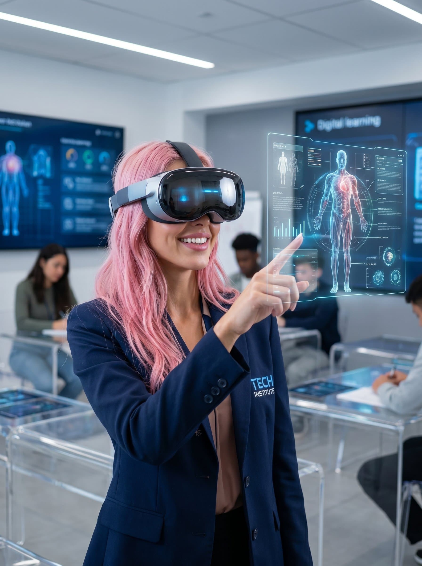 Illustrate a engaging with virtual reality technology in a futuristic classroom. The headshot should reflect a visionary leader, blending innovation with an educational dedication.