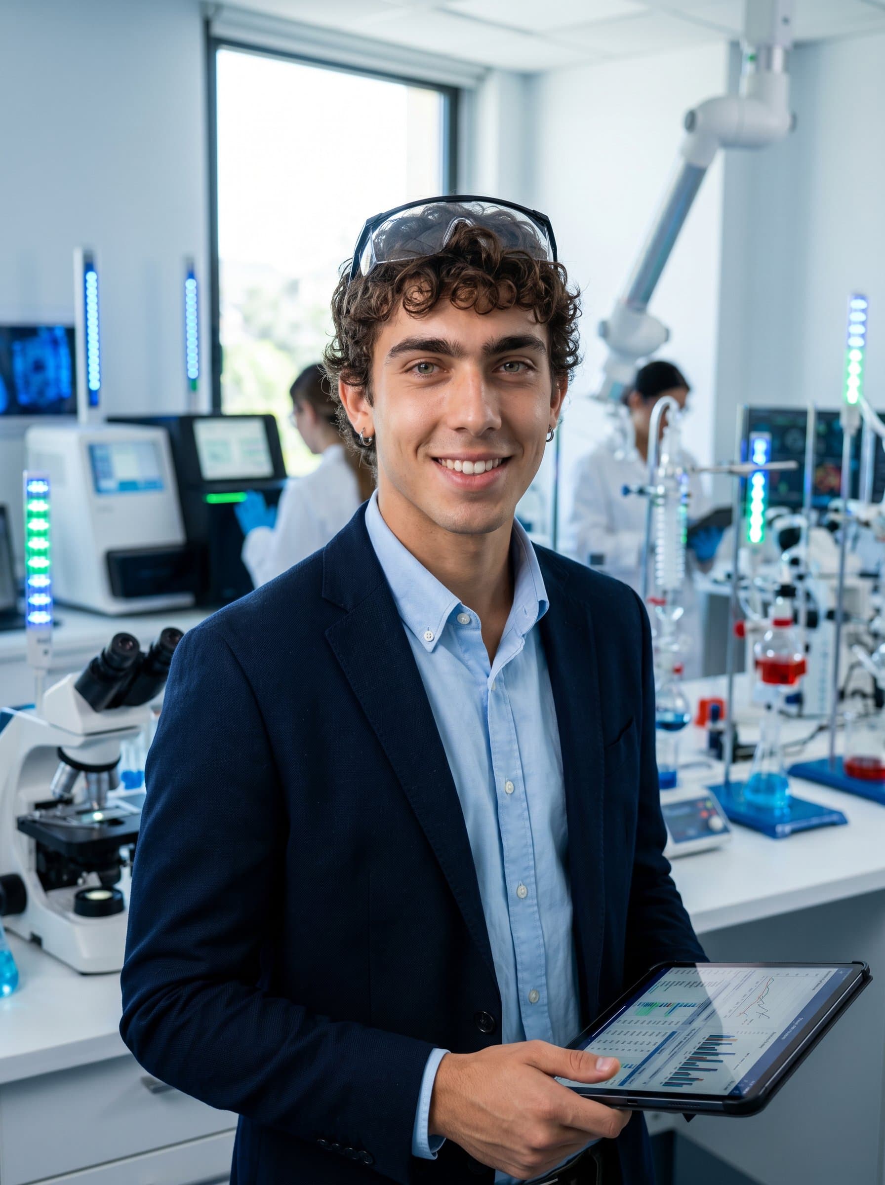 Frame a in a state-of-the-art science lab, holding a tablet and surrounded by innovative equipment. The headshot should convey a passion for science and educational leadership.