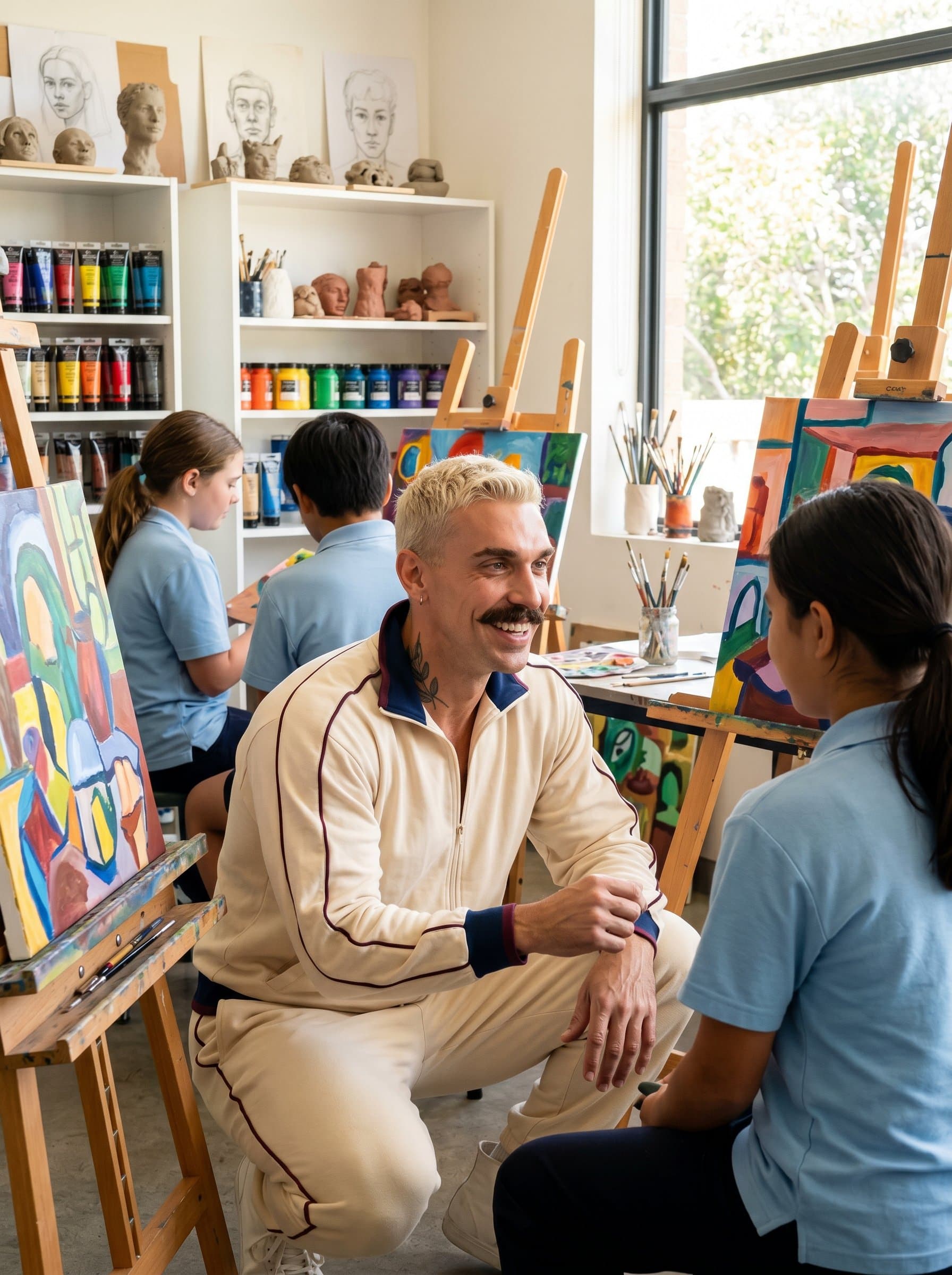 Illustrate a in a vibrant art studio, surrounded by student creations and artistic tools, representing creativity and encouragement in the educational process.