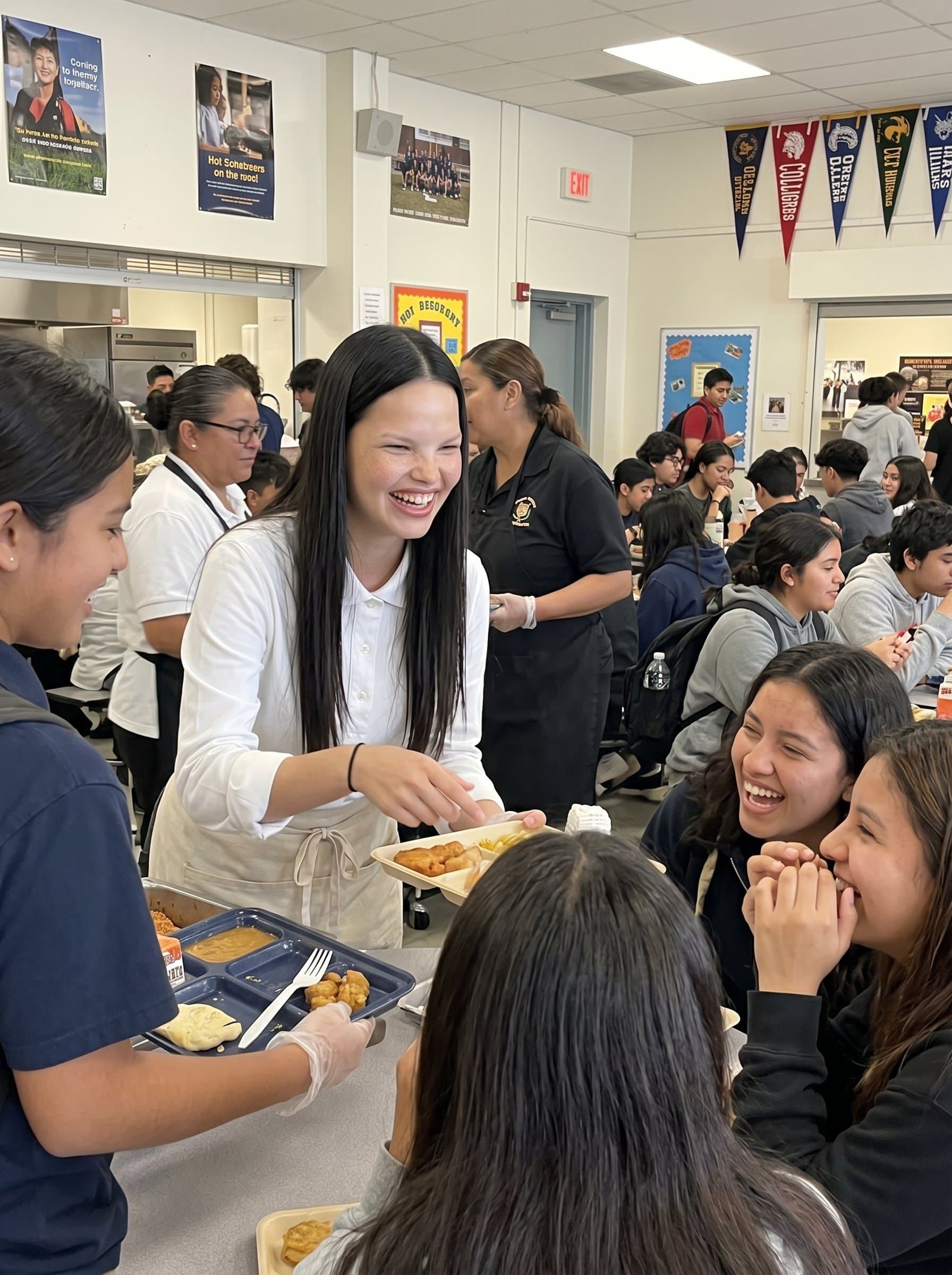 Show a in a bright, bustling school cafeteria, engaging with students. The image should convey a sense of community, approachability, and hands-on leadership.
