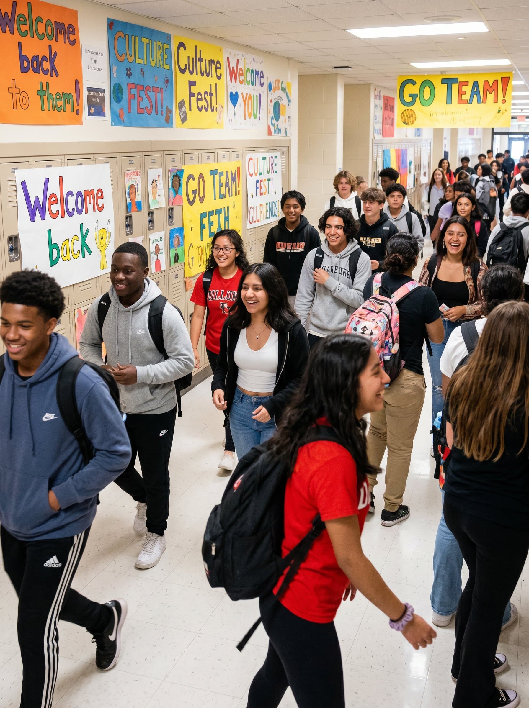 Visualize a in a bustling school hallway, with students moving around and colorful banners. The scene should evoke energy, enthusiasm, and an inclusive educational atmosphere.