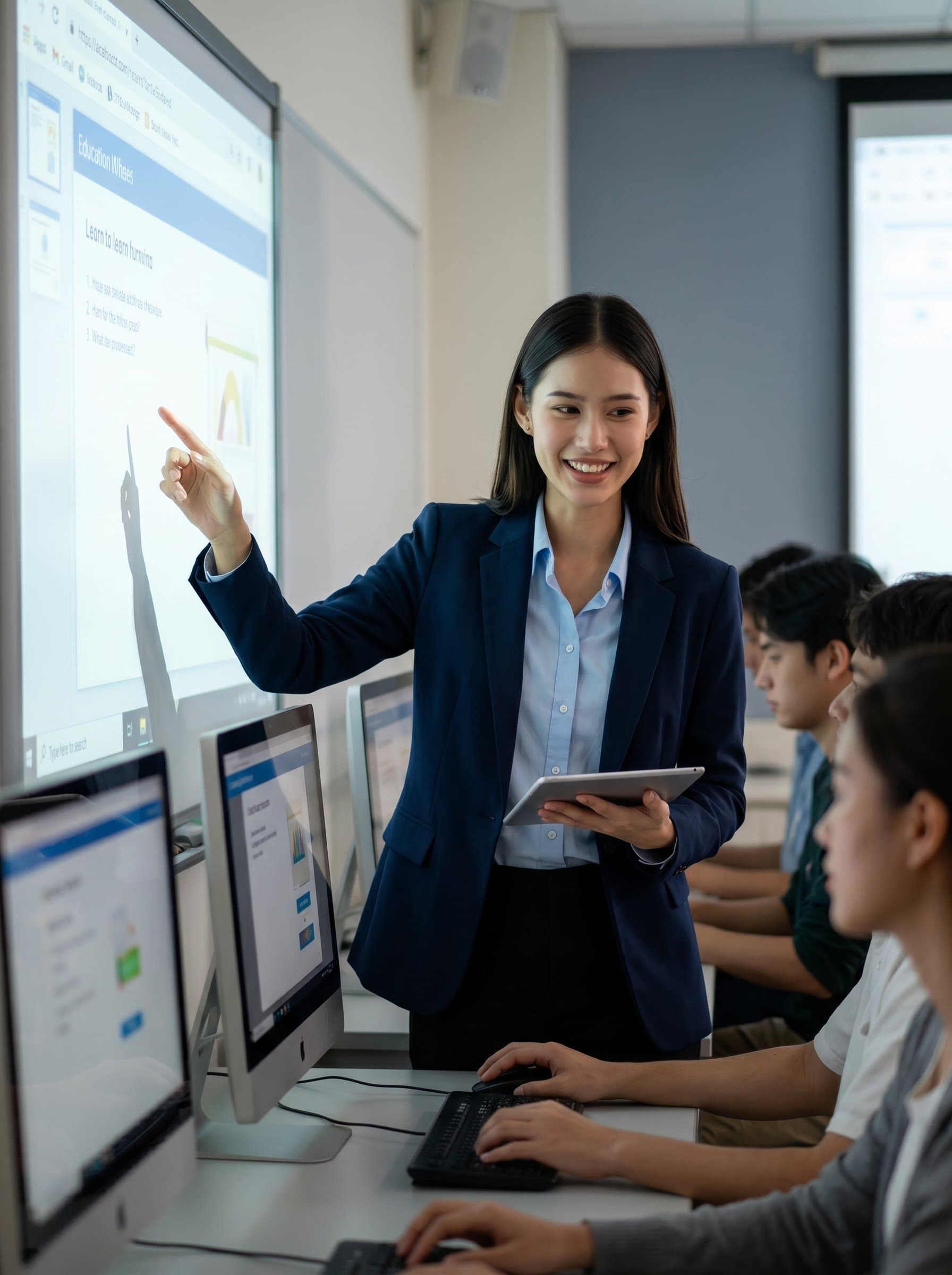 Portray a in a computer lab, interacting with digital screens and students. The headshot should reflect a leader who embraces technology and innovation in education.