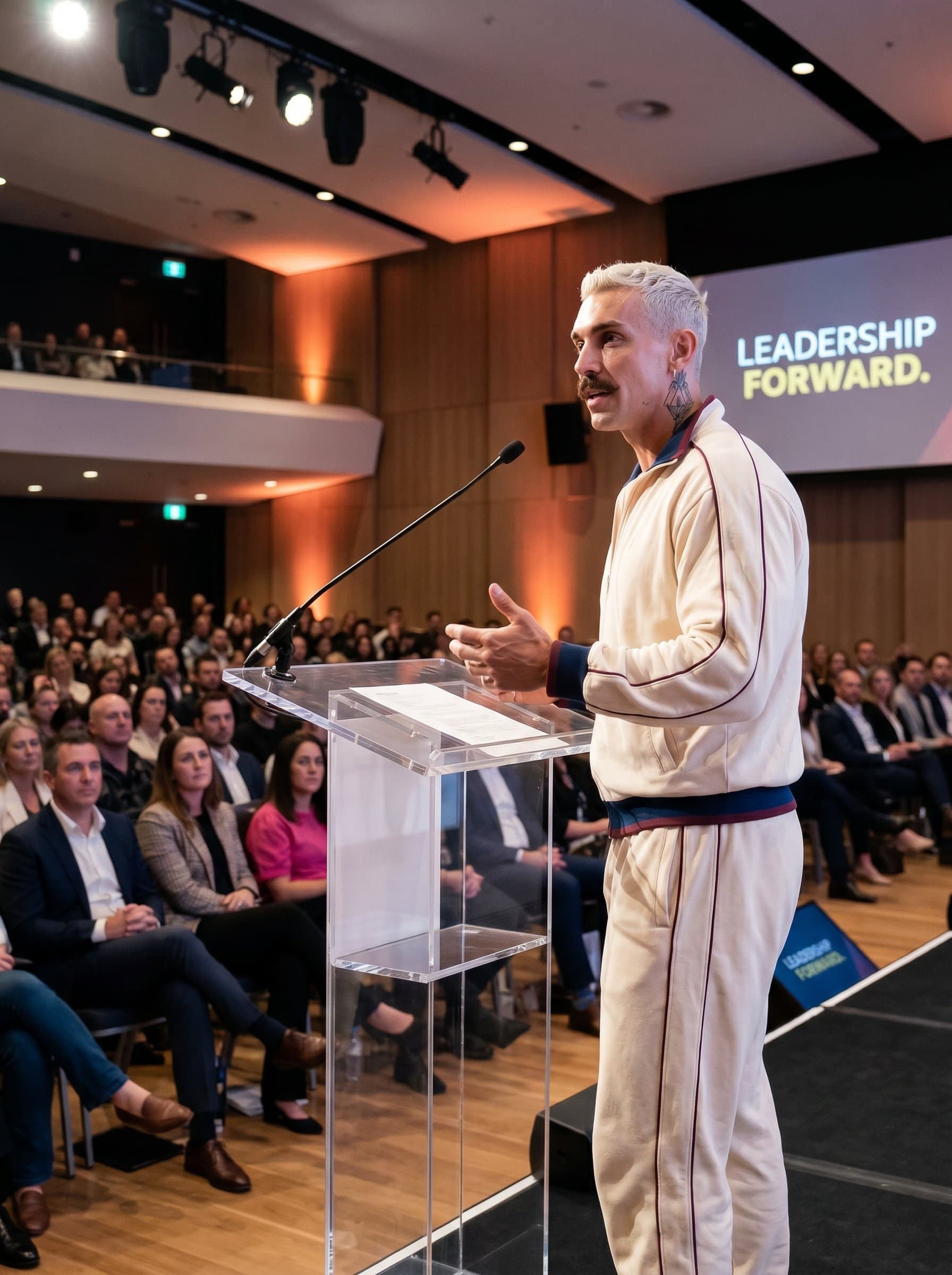 Illustrate a in a modern auditorium, standing at a podium, with an expression of confidence and authority. The setting should reflect an inspiring and motivational leadership presence.