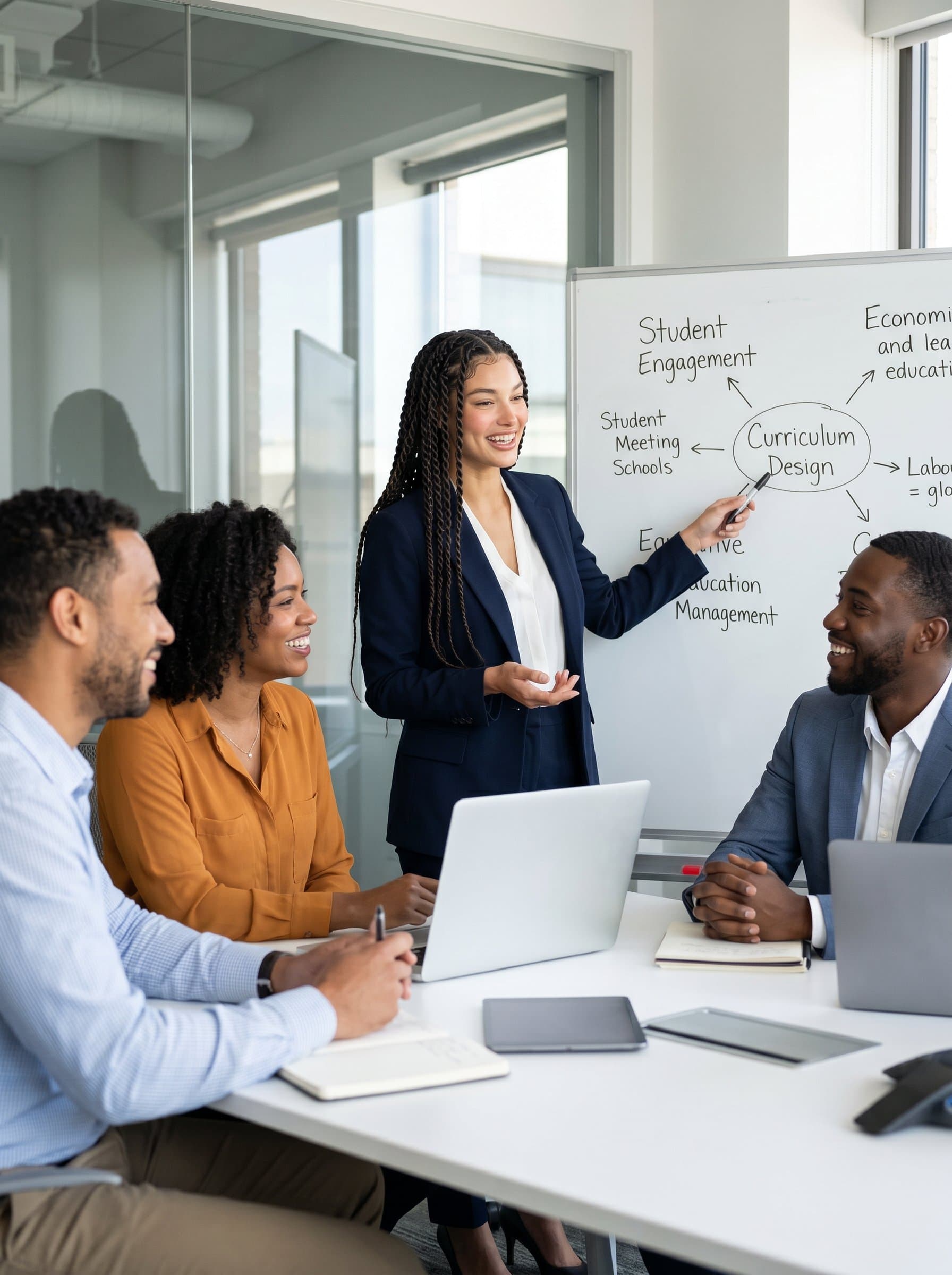Visualize a collaborating with teachers in a conference room, displaying teamwork and open communication. The headshot should highlight a cooperative and progressive educational environment.