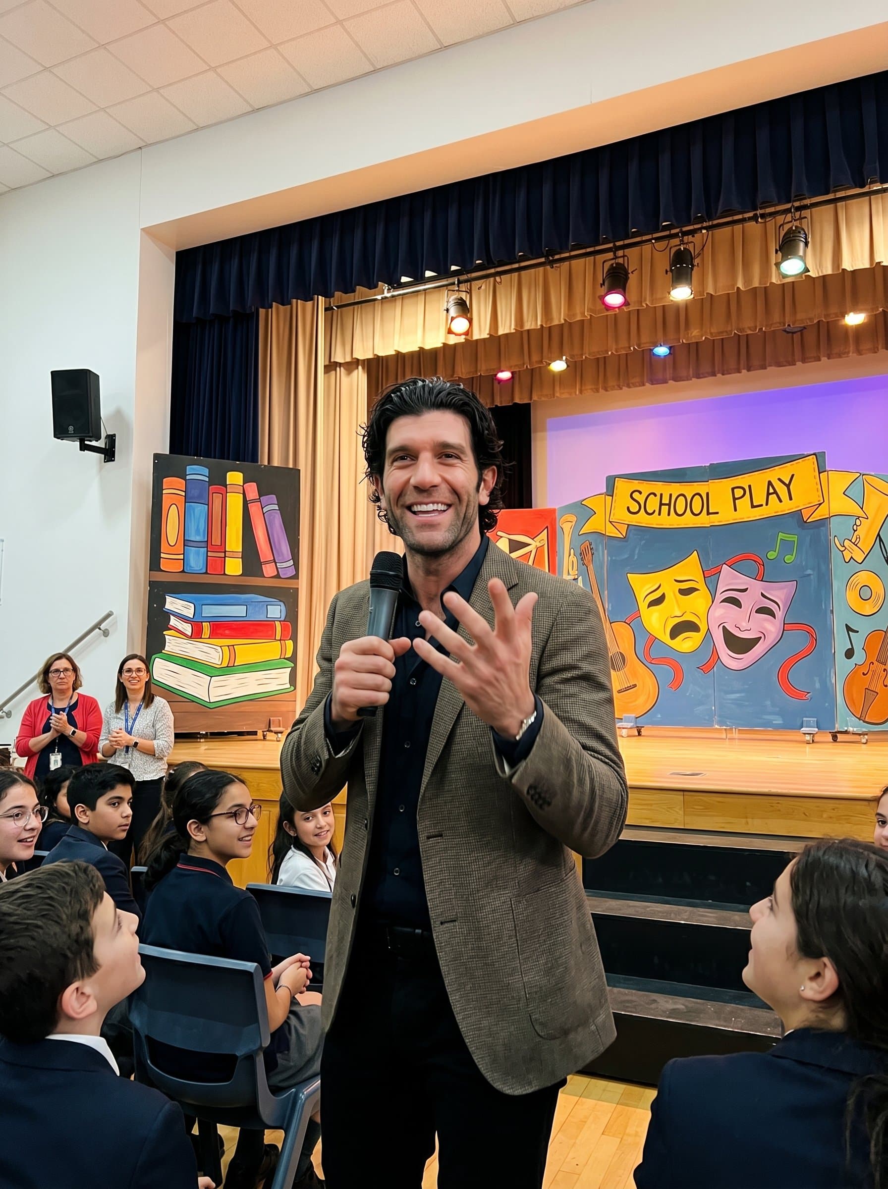 Create a standing on a school stage, with theatrical set pieces around them, symbolizing a commitment to arts and education. The demeanor should be charismatic and engaging.