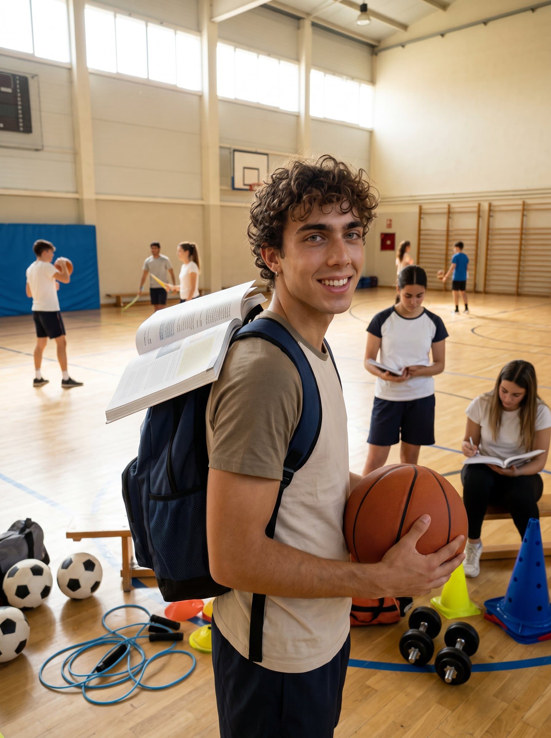 Showcase a in a gymnasium, with sports equipment around them, emphasizing a balance between academics and physical education. The expression should be motivating and encouraging.