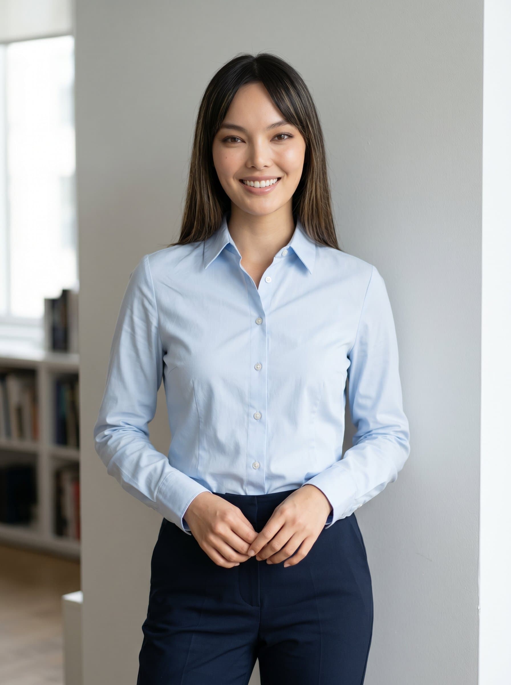 stands in front of a neutral-toned wall, dressed in a crisp, collared shirt. Their expression is inviting and professional, projecting competence and a genuine passion for fostering educational success.