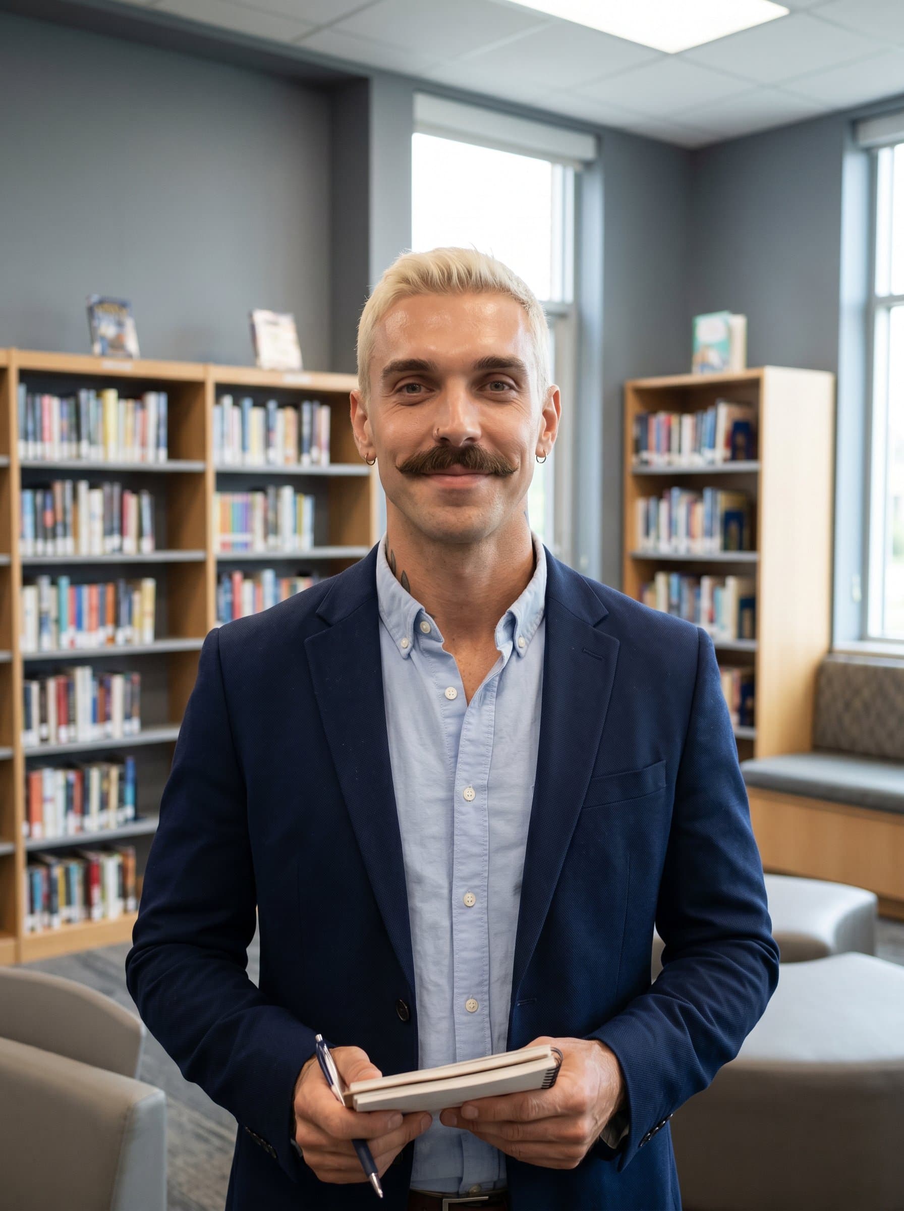 In a modern school library, poses with a subtle smile. The backdrop of elegantly arranged books and muted colors creates an academic atmosphere, highlighting their role as a dedicated school administrator.