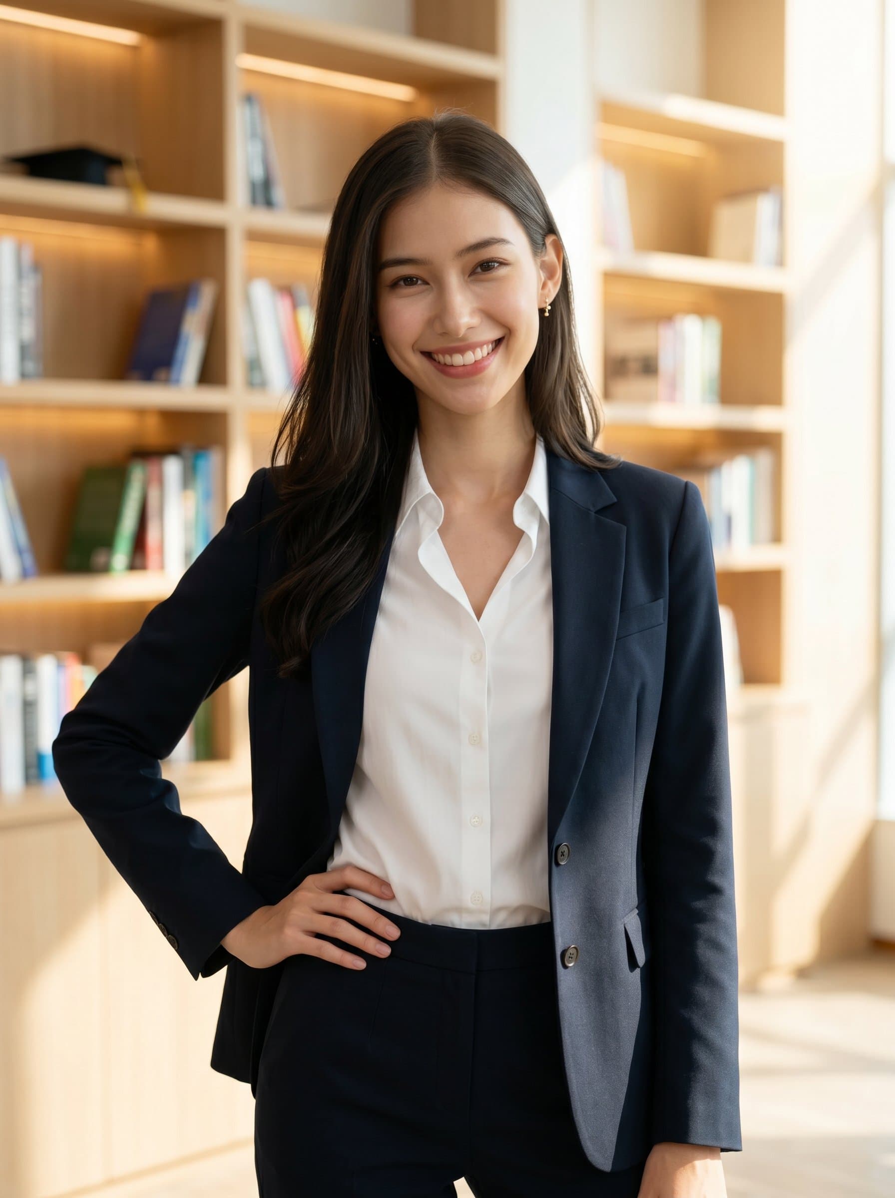stands confidently in a well-lit office, wearing a tailored blazer, exuding warmth and approachability. The soft, blurred background features shelves of books, emphasizing a commitment to education and lifelong learning.