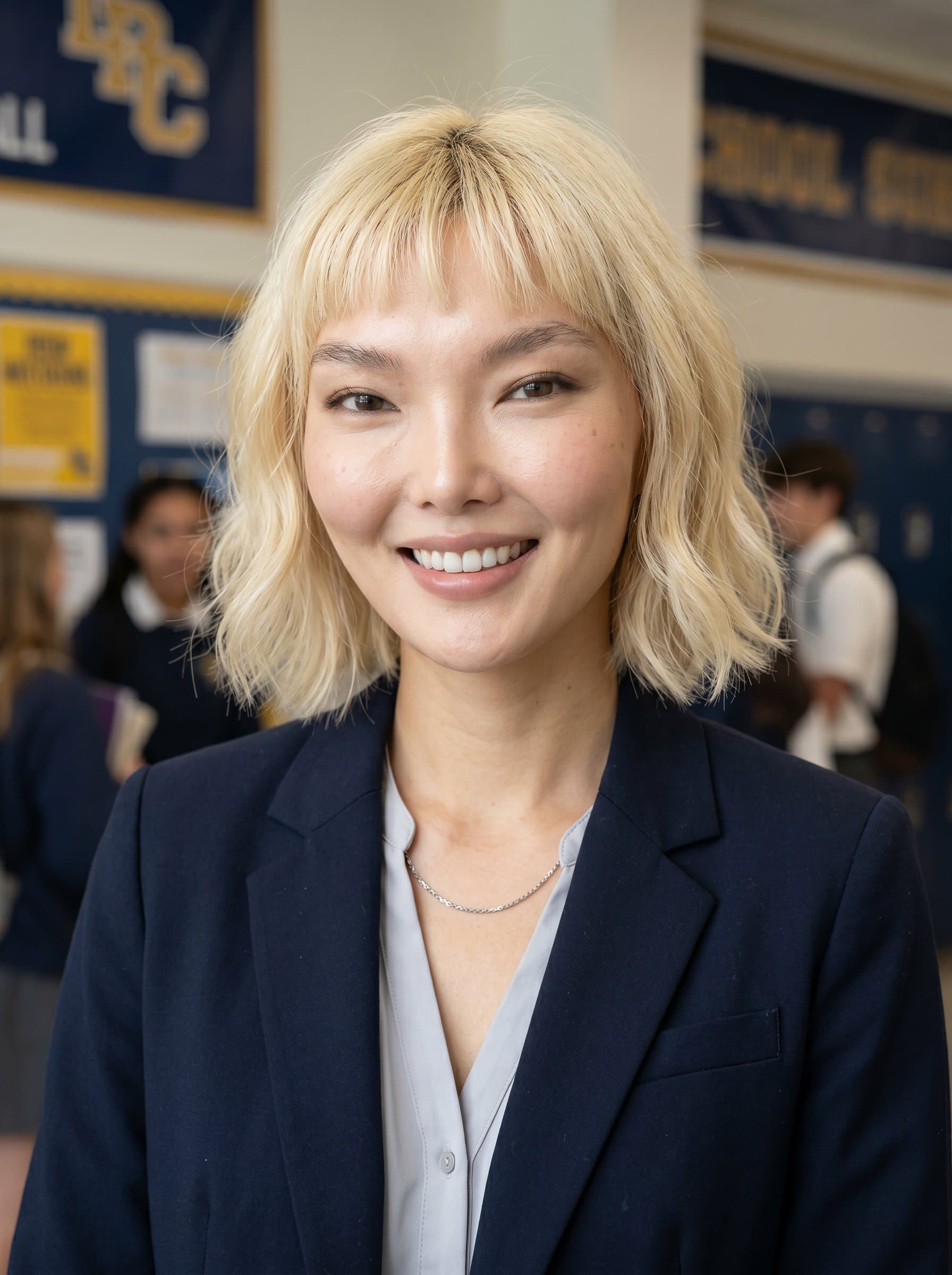 Facing the camera with a gentle, reassuring smile, stands against a blurred background of school colors. The image projects both authority and friendliness, ideal for connecting with students and staff alike.
