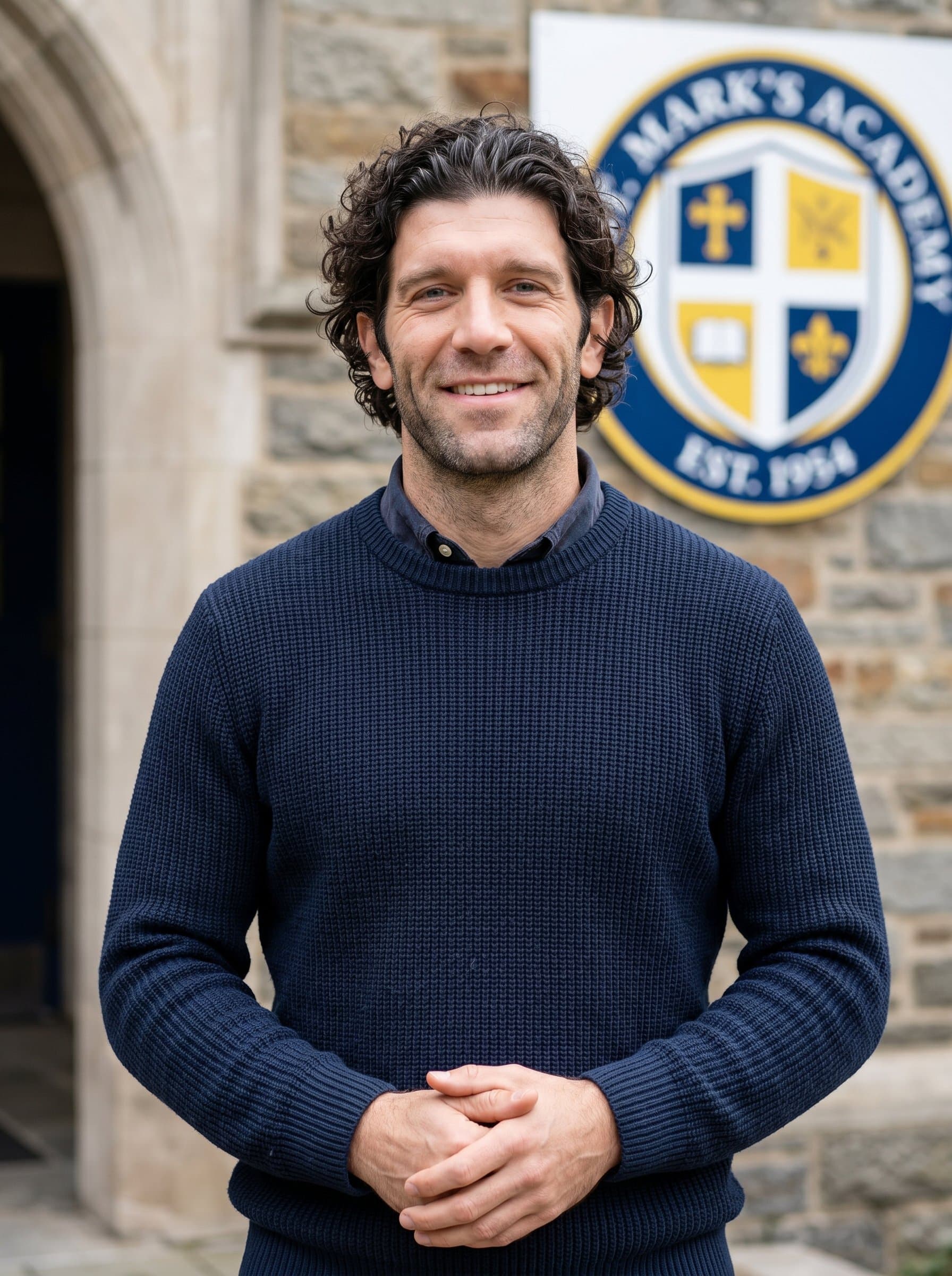 dressed in a neat sweater, stands against a blurred school emblem. Their genuine smile and composed posture emphasize their dedication to creating an inclusive and nurturing atmosphere.