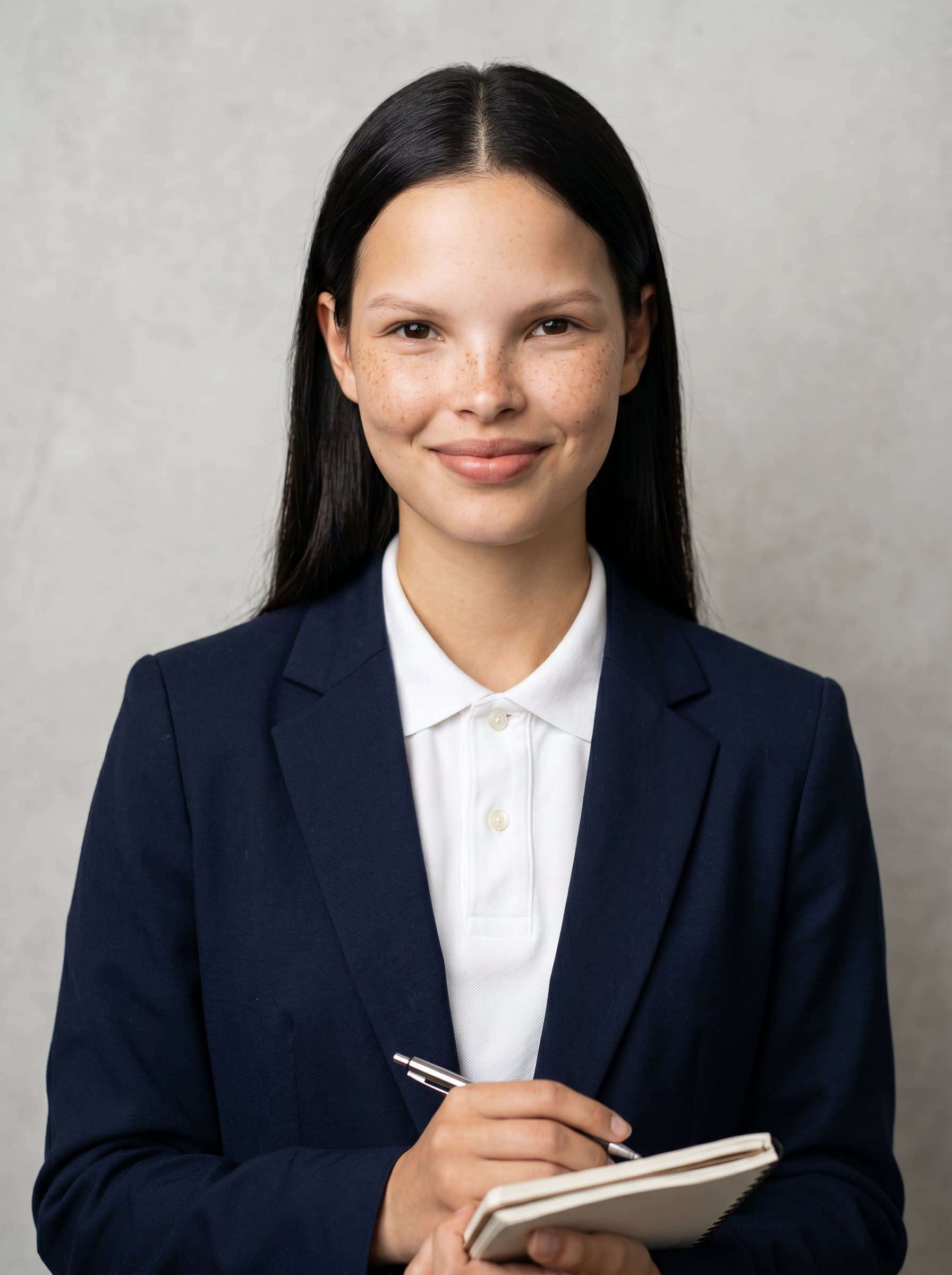 With a poised and warm expression, 's portrait is set in front of a lightly textured, monochromatic background, conveying calm authority and an inviting presence suitable for educational leadership.